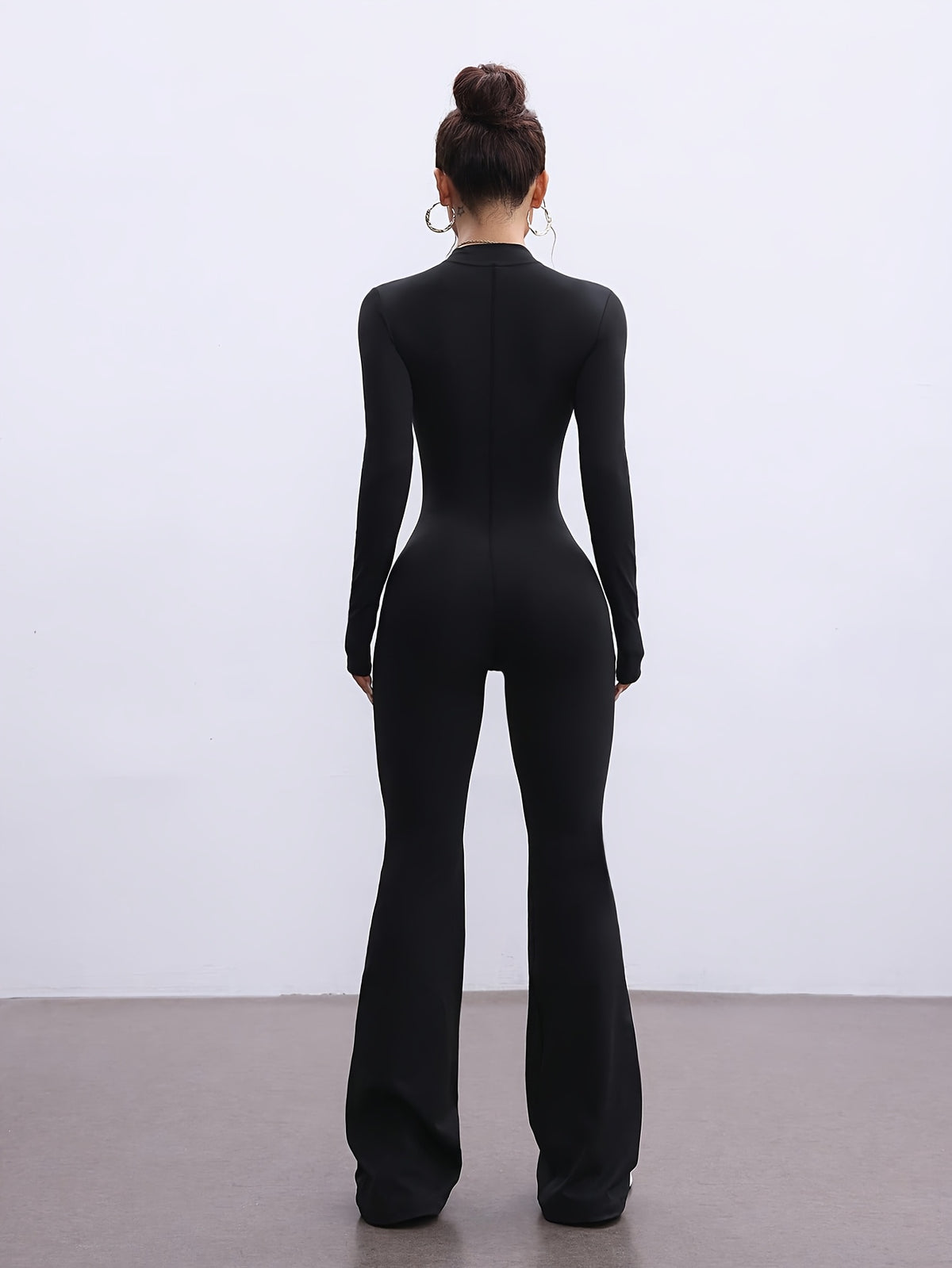 Zip Front Long Sleeve Flare Jumpsuit - Black