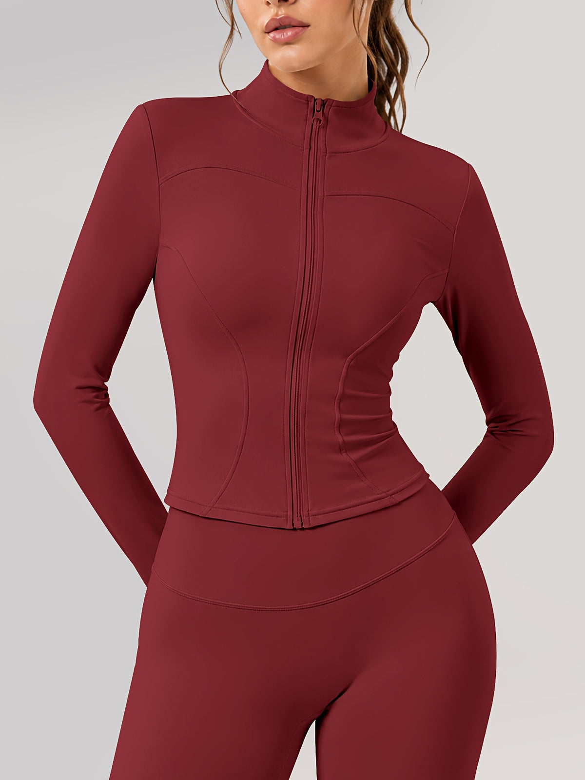 Zip Jacket & Wide Leg Pants Set - Burgundy