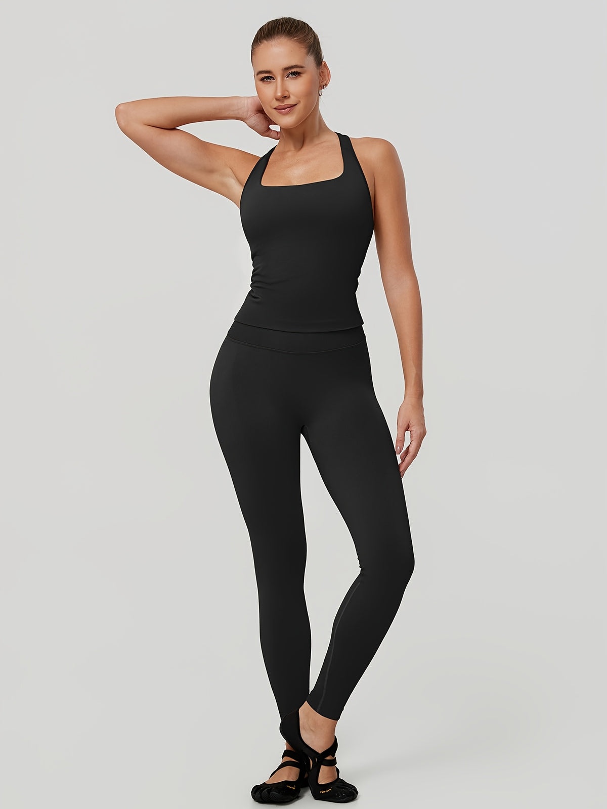 Square Neck Halter Tank & Leggings Set - Black