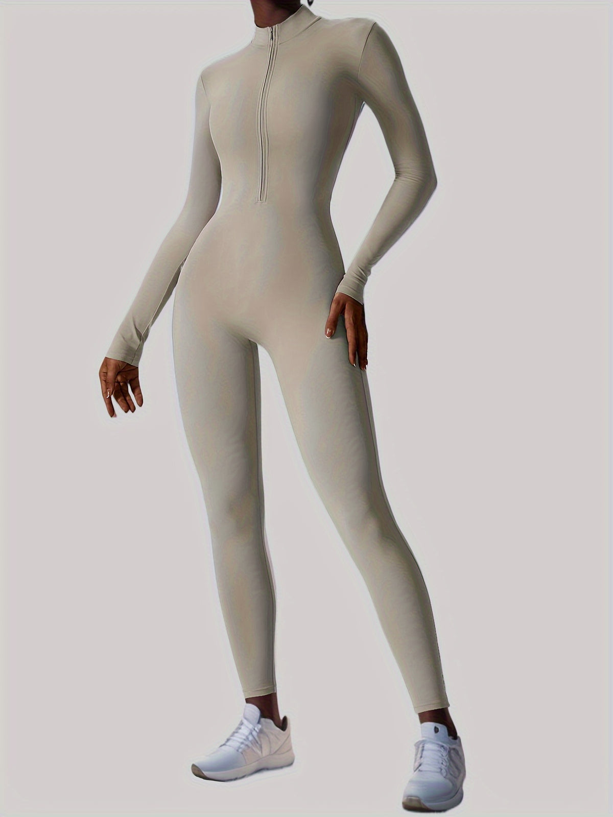 Full Zip Long Sleeve Jumpsuit - Light Grey