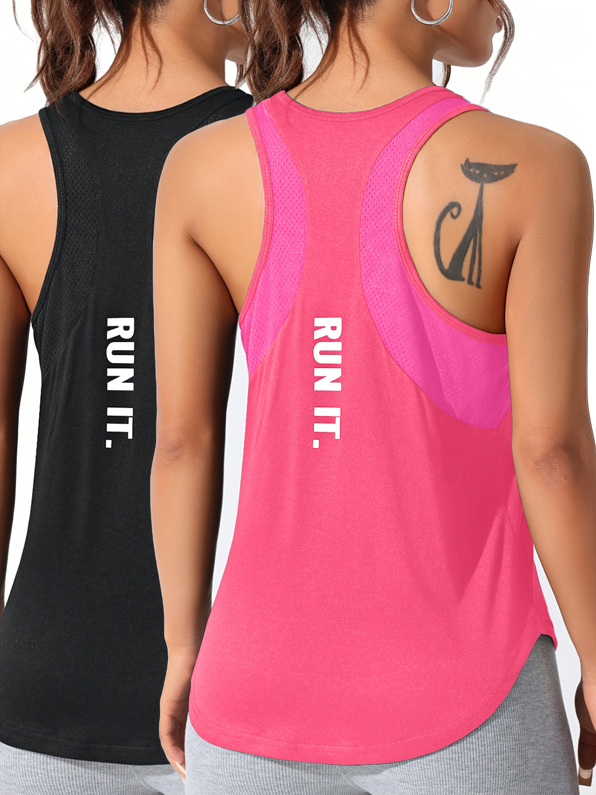 Mesh Panel Letter Print Tee & Vest Set - Black & Rose Red
