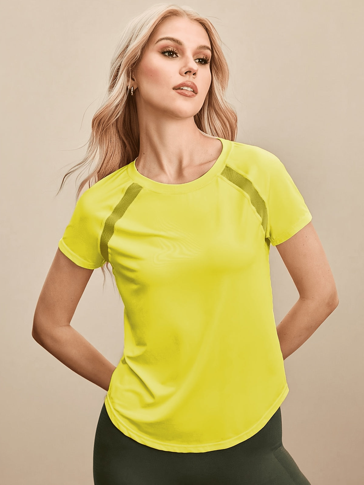 Mesh Spliced Quick-Dry Sports Tee - Greenish Yellow