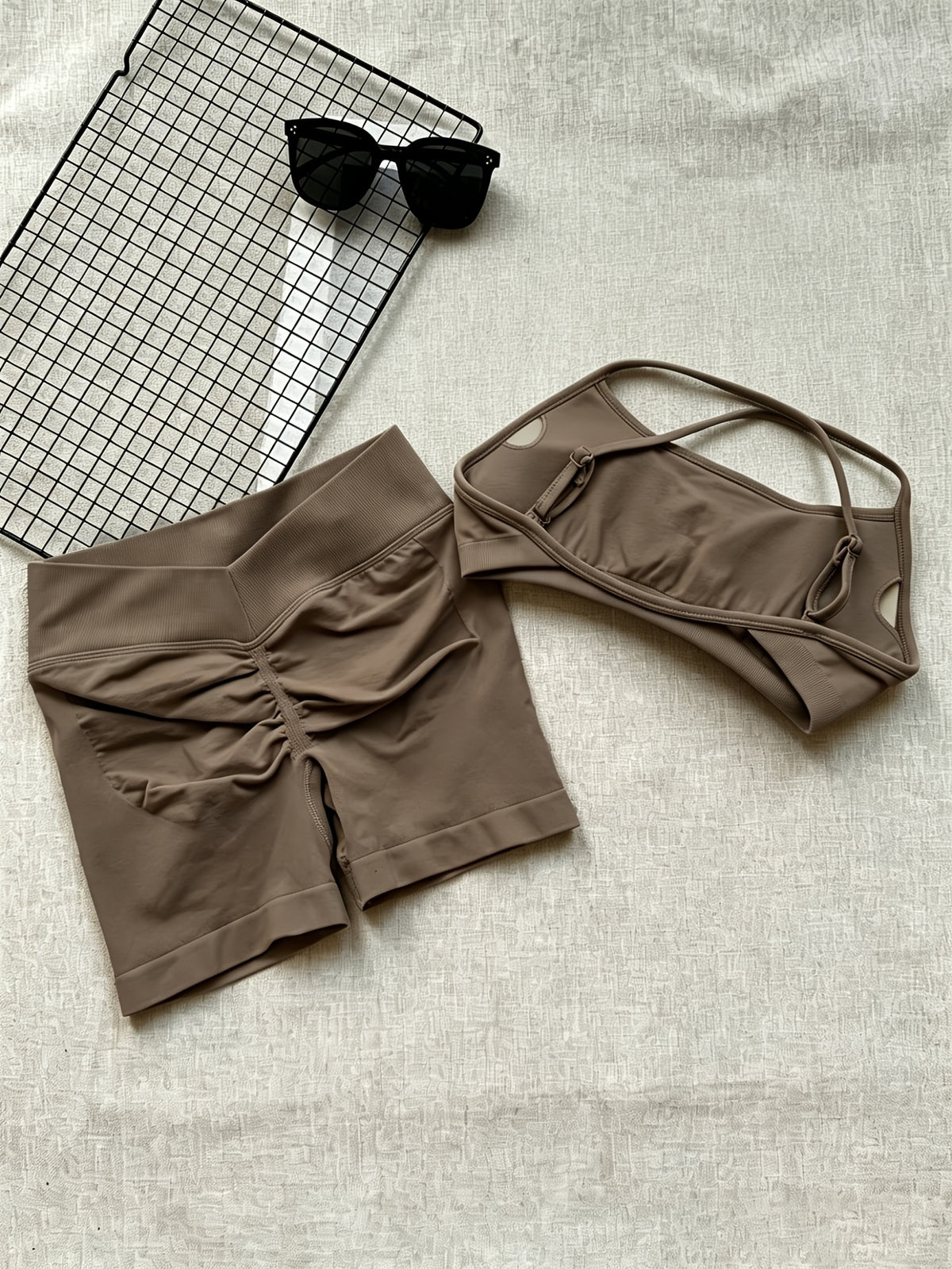 Cross Back Seamless Bra & Shorts Set - Coffee