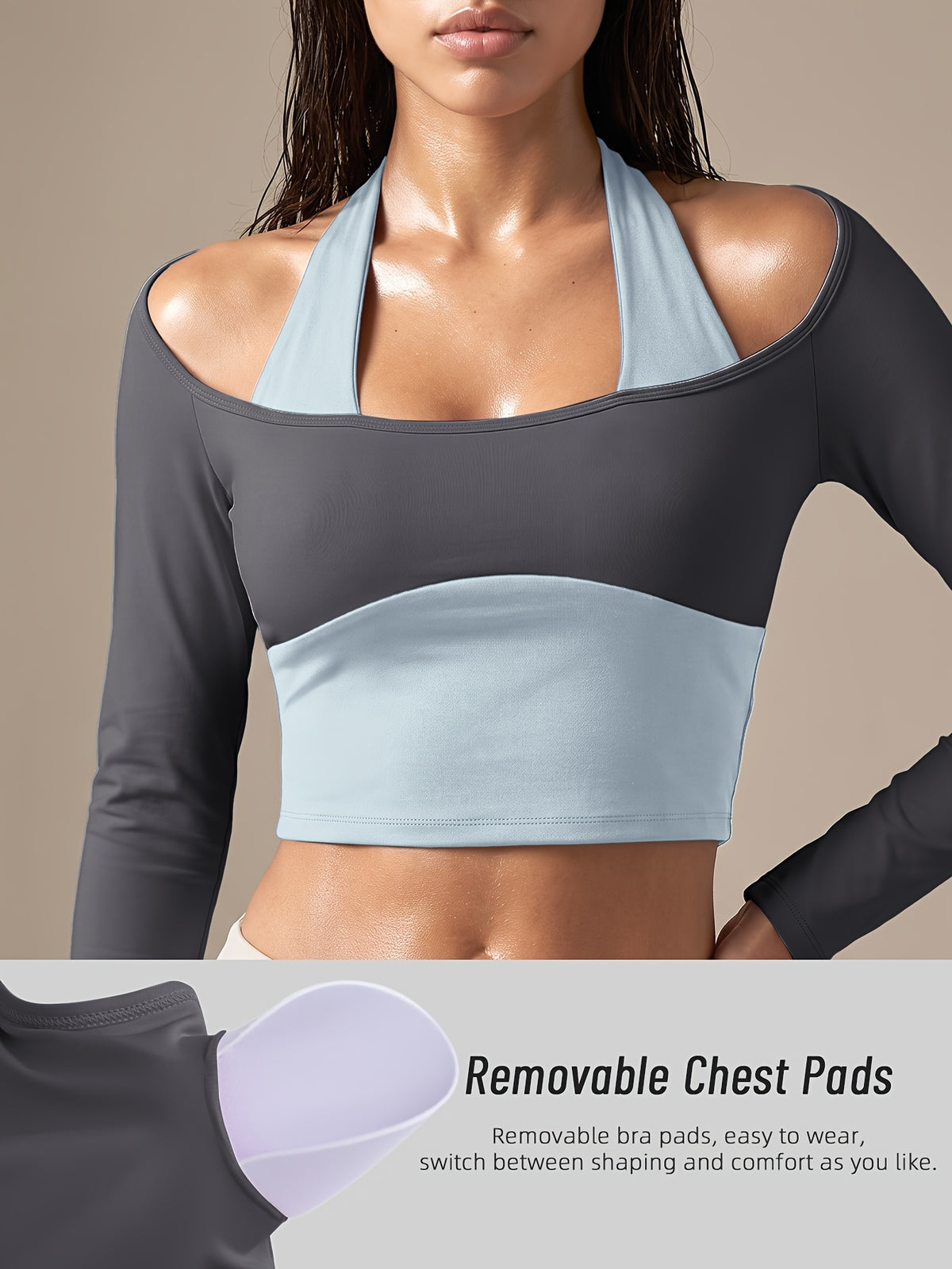 Faux Two-Piece Halter Color Block Top - Grey