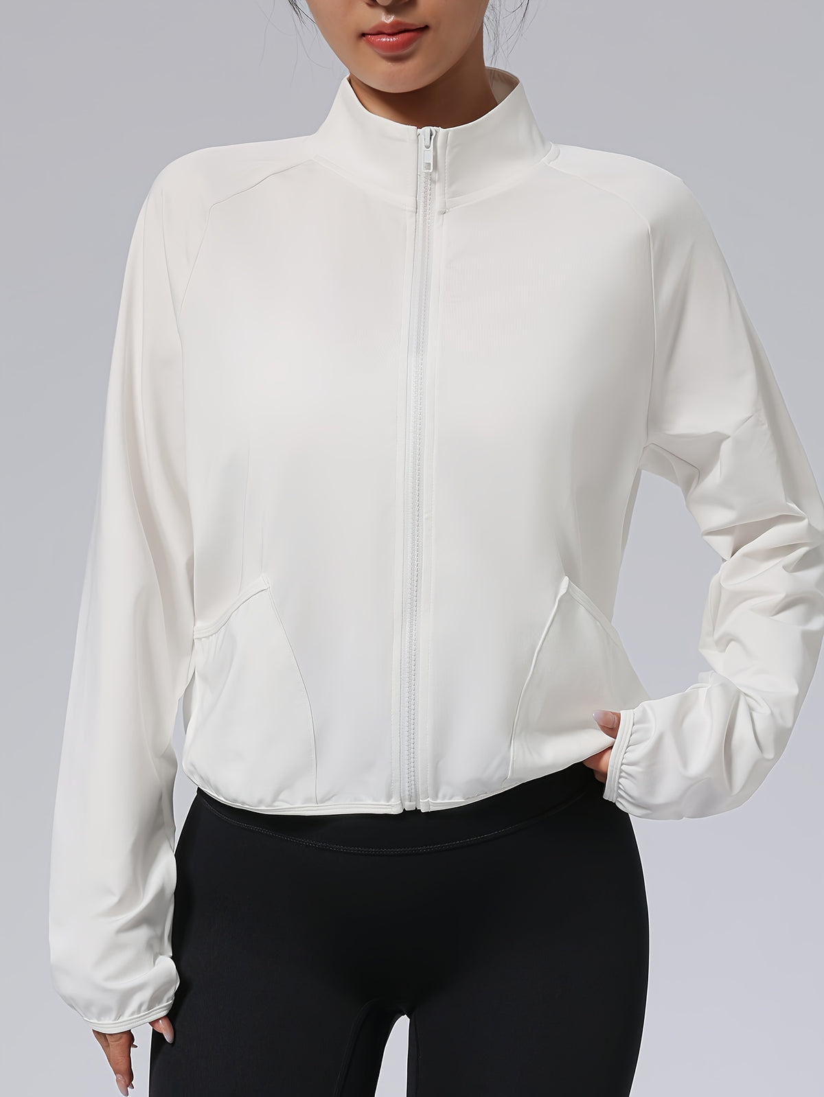 Short Stand Collar Pocket Zip Jacket - White