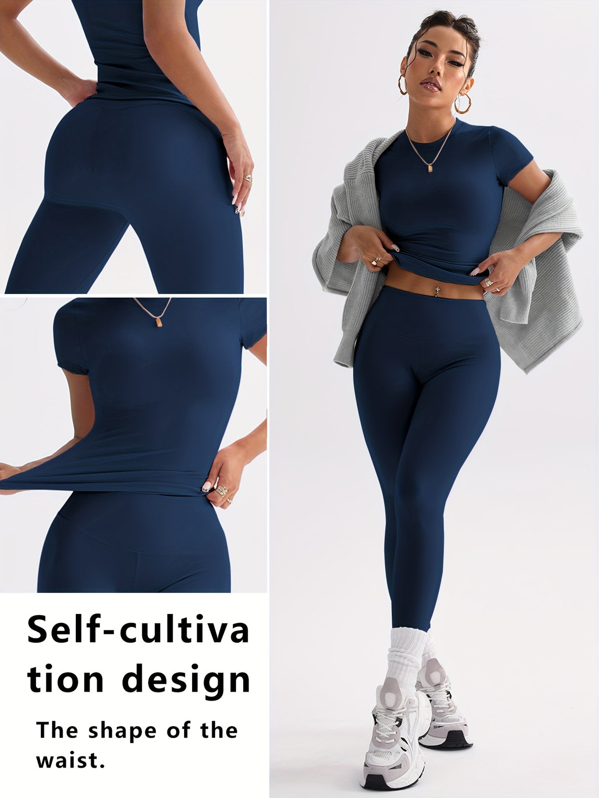 Cropped Tee & Leggings Set - Navy