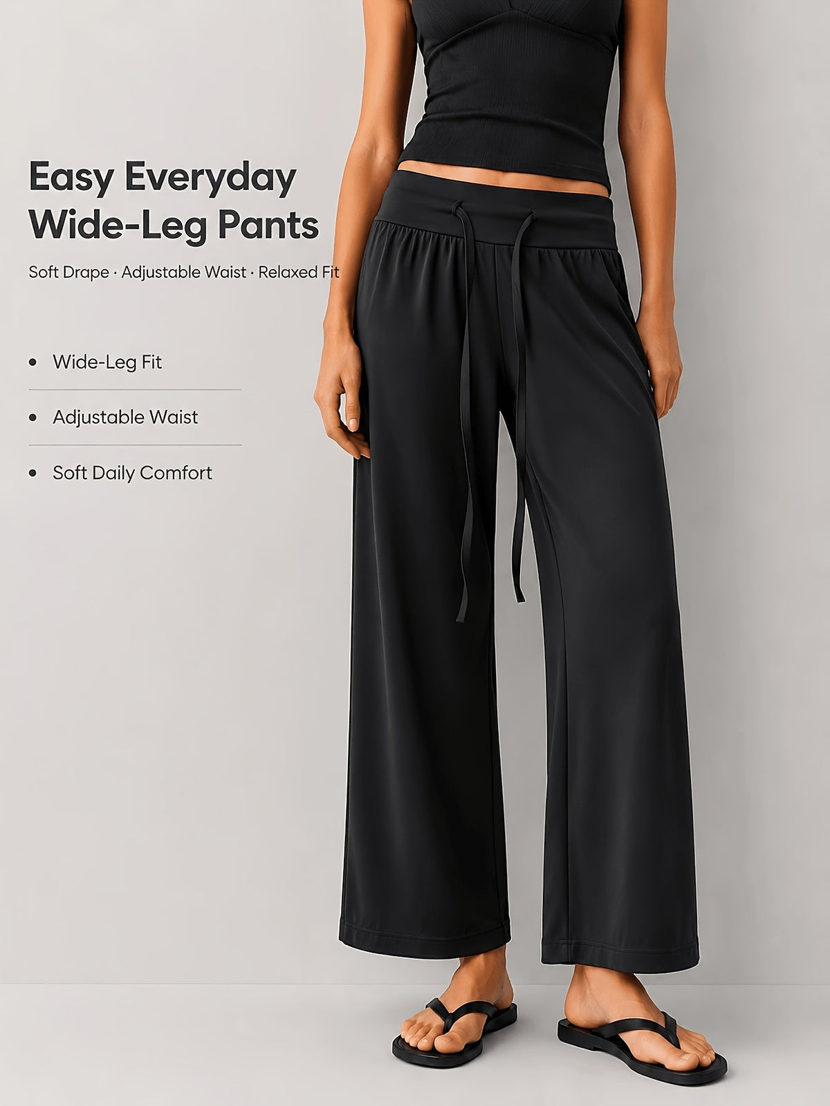 Wide Drawstring Waistband Straight Leg Pants - Black