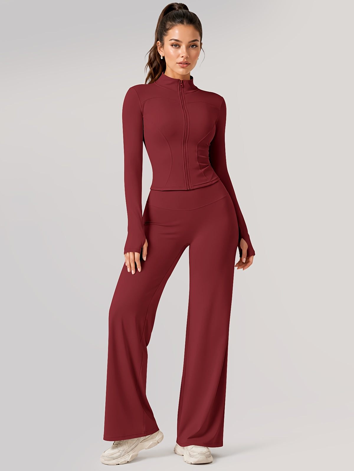 Zip Jacket & Wide Leg Pants Set - Burgundy