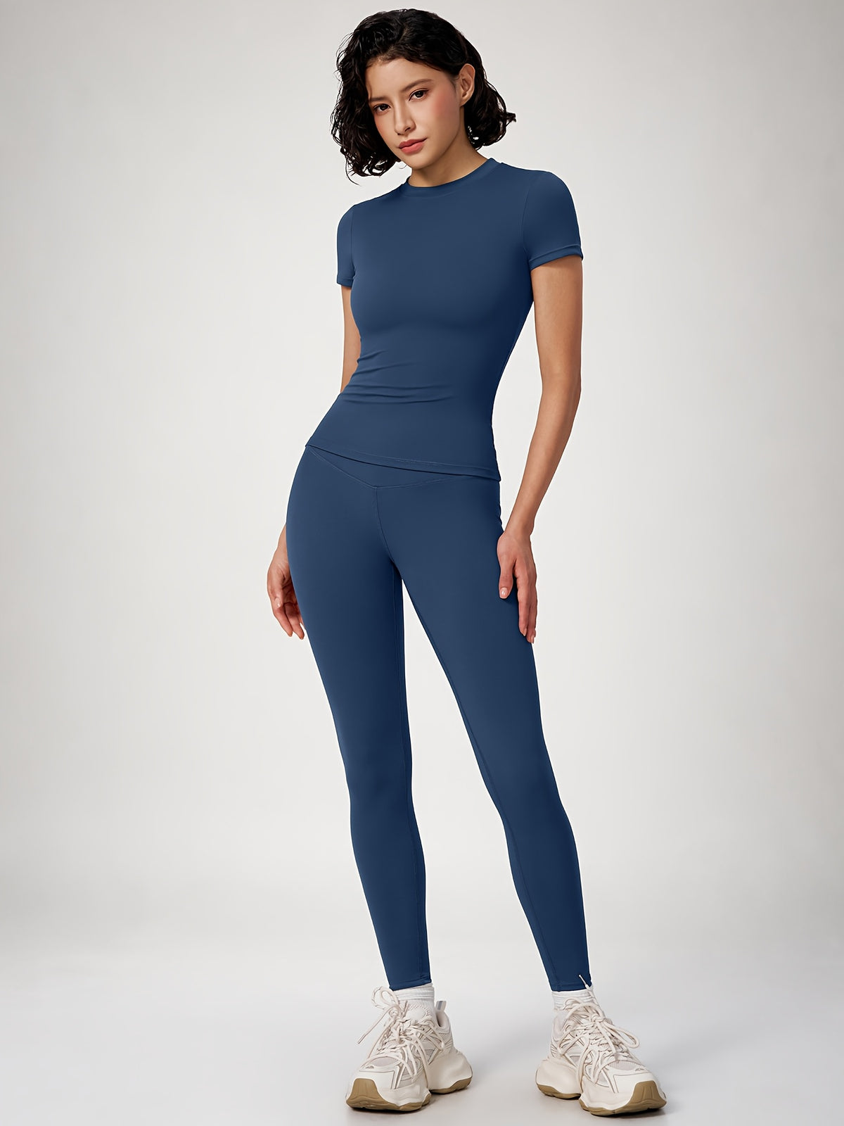 Crew Neck Crop Tee & Leggings Set - Navy