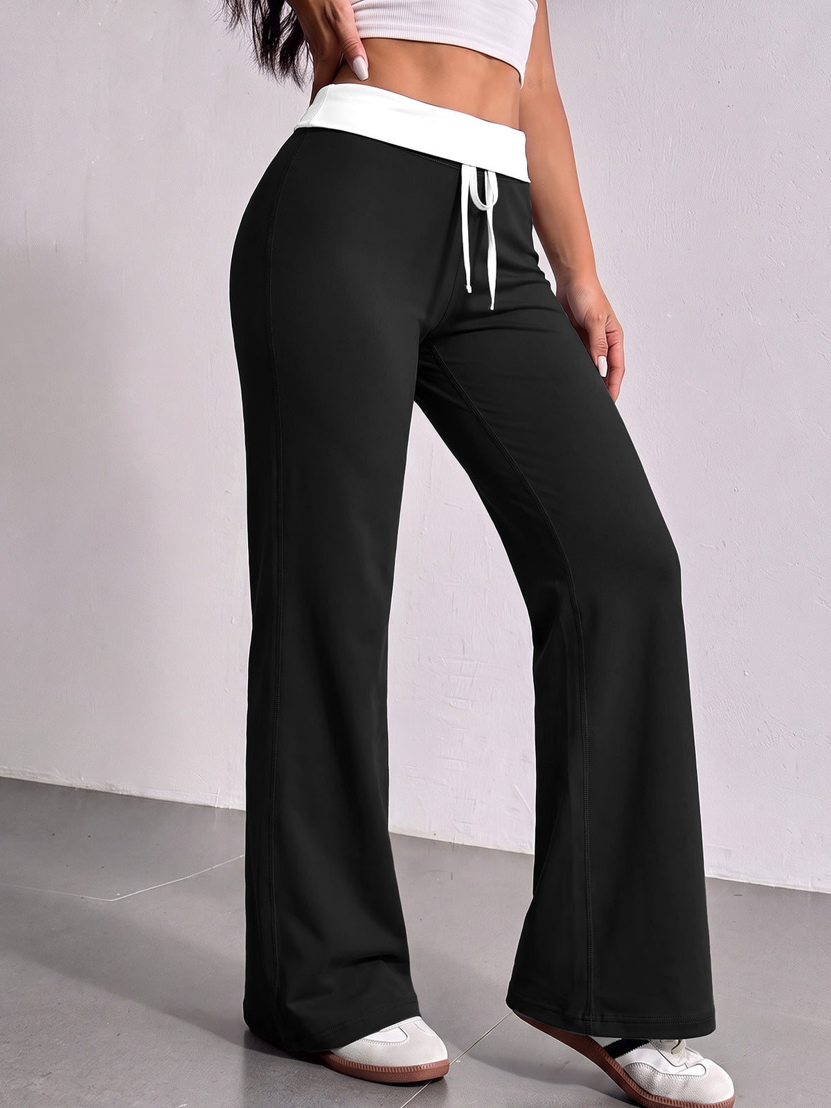 Contrast Waist Drawstring Straight Yoga Pants - Black