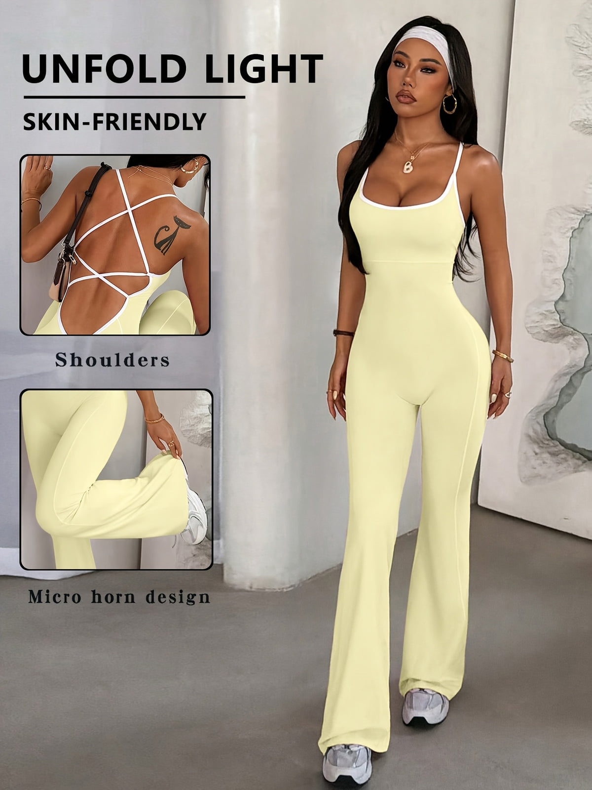 Cross Back Flare Jumpsuit - Light Yellow