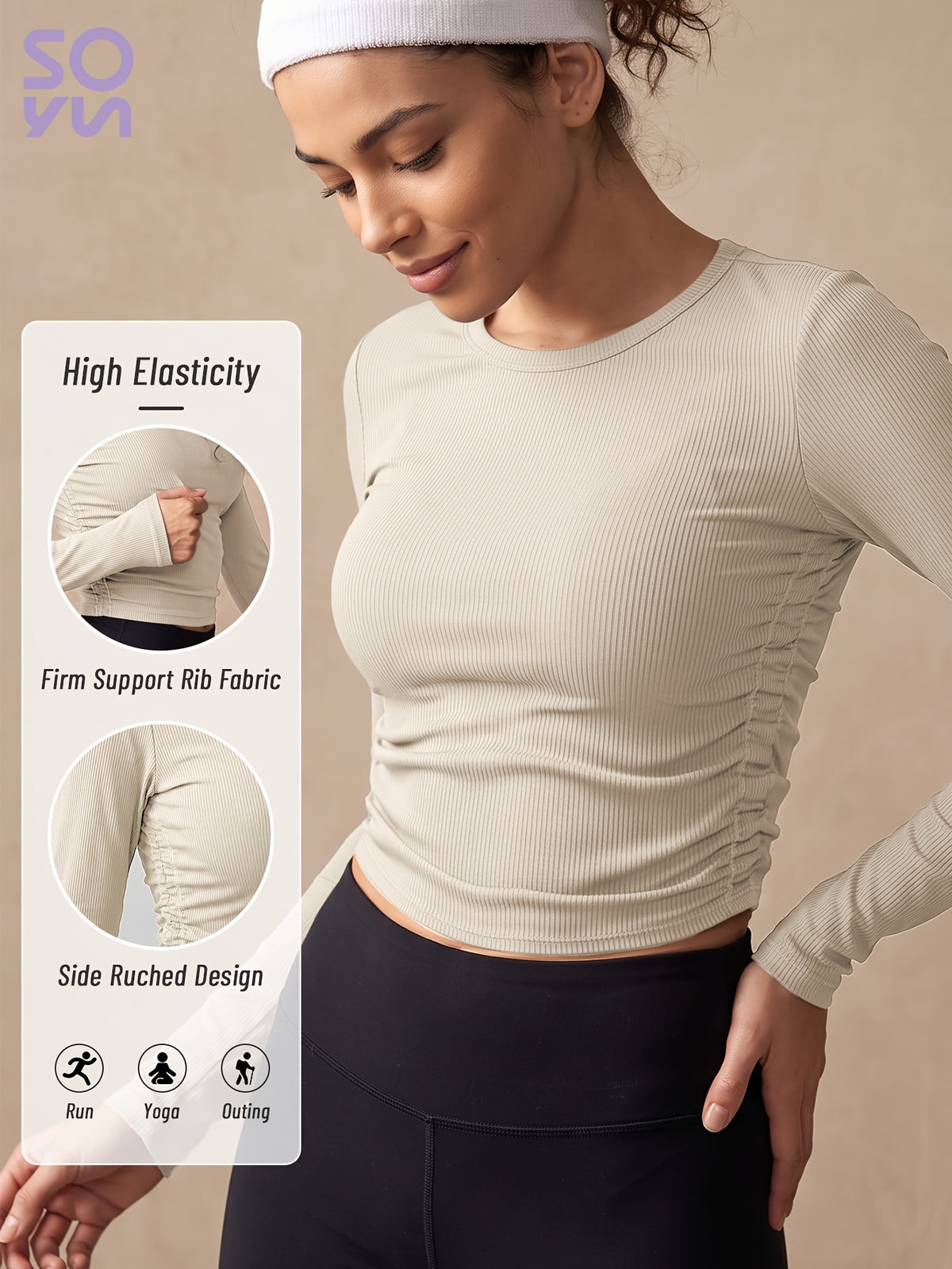 Striped Side Gather Long Sleeve Top - Milky