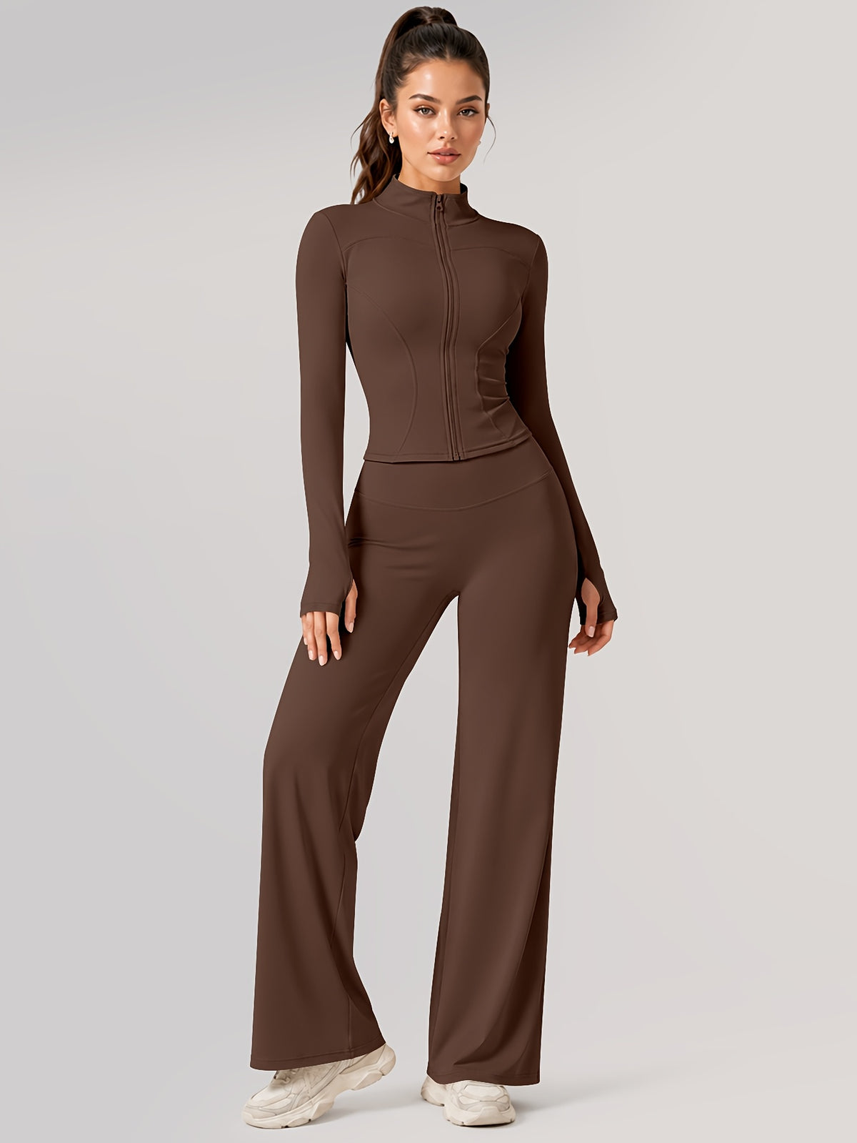 Zip Jacket & Wide Leg Pants Set - Brown