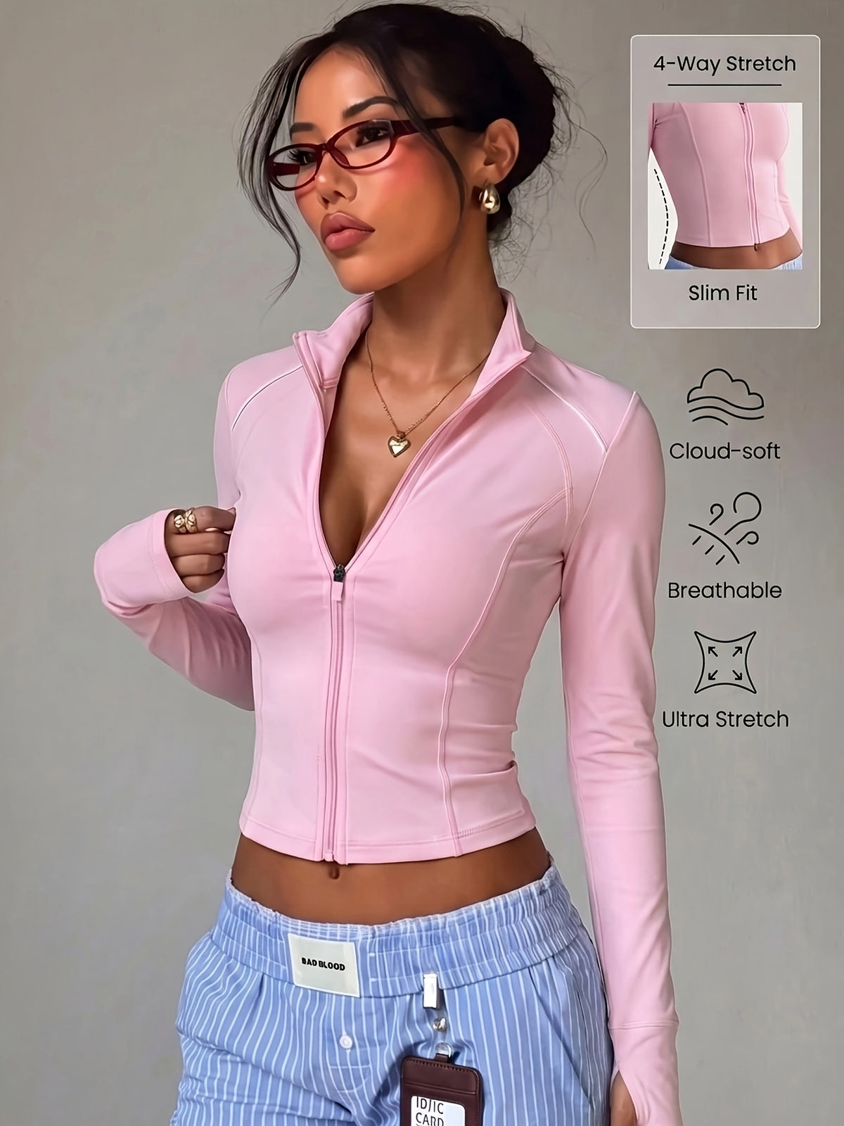 Cropped Stand Collar Jacket - Pink