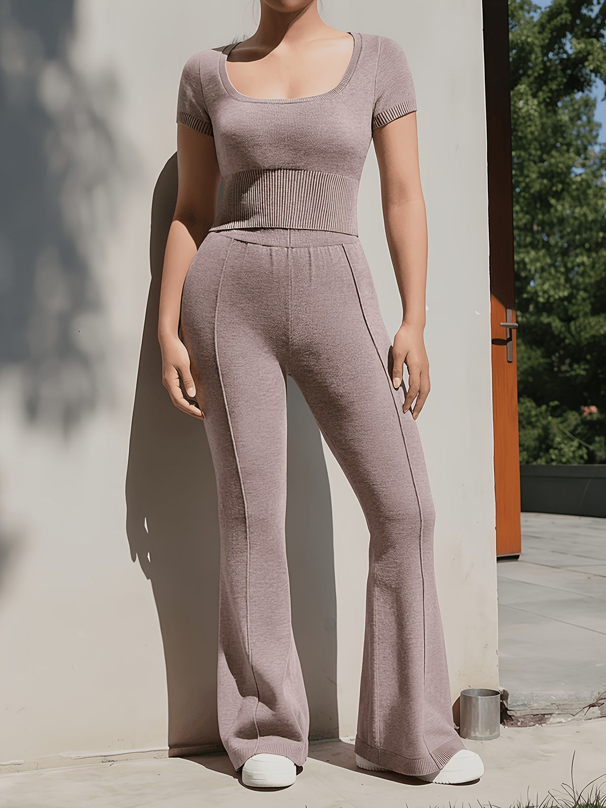 Seamless Square Neck Tee & Wide Leg Set - Rose Brown