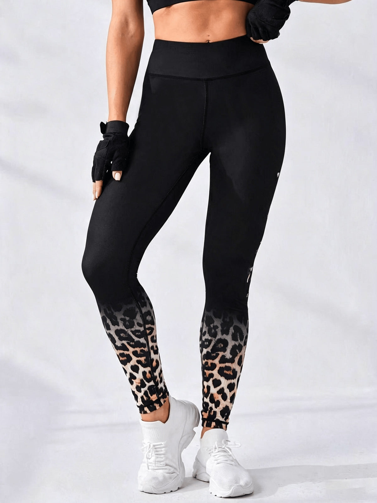 Leopard Letter Waistband Leggings - Black
