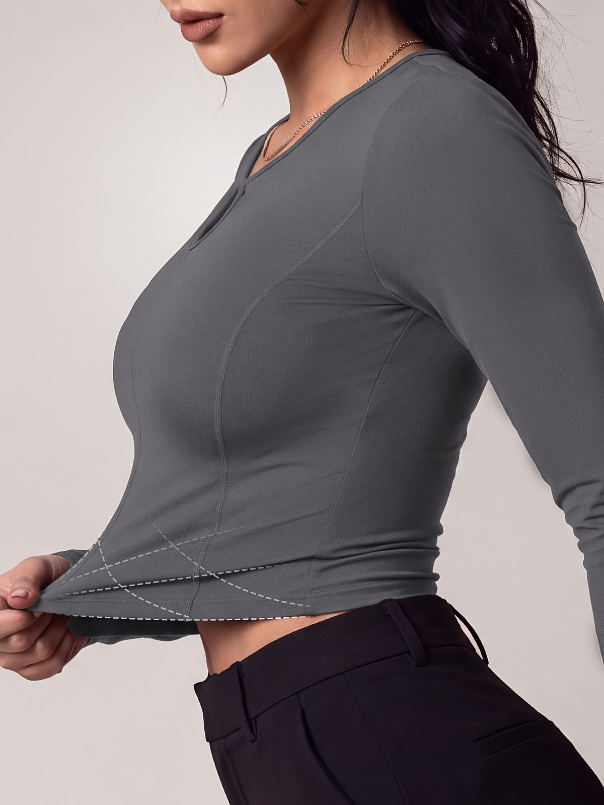 Keyhole Long Sleeve Crop Top - Dark Gray