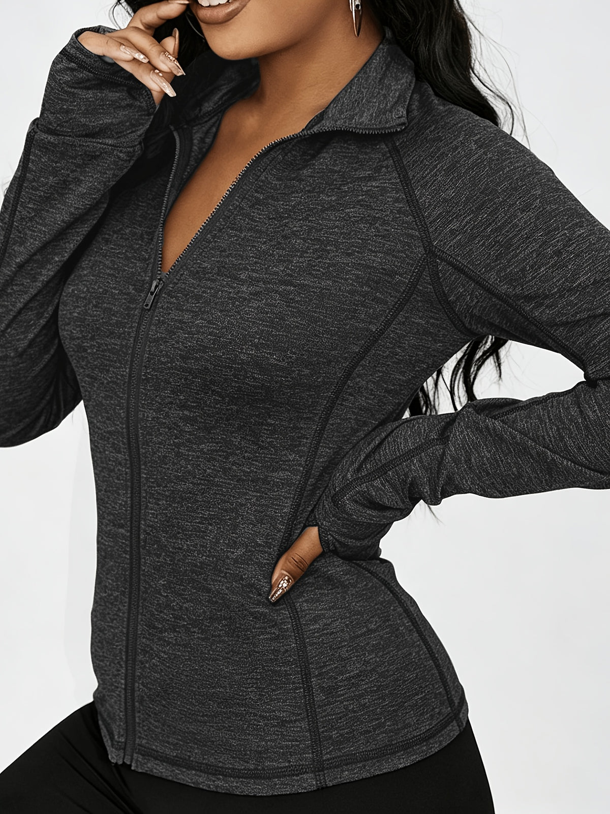 Raglan Thumbhole Zip-Up Sports Jacket - Black Gray