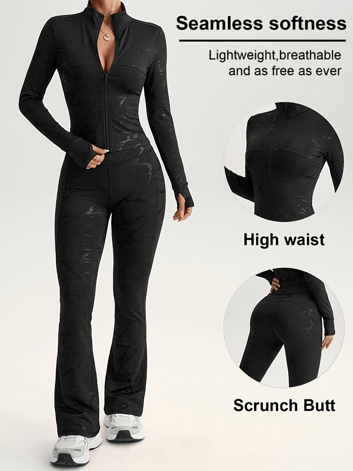 Metal Zip Stand Collar Jacket & Flare Set - Black