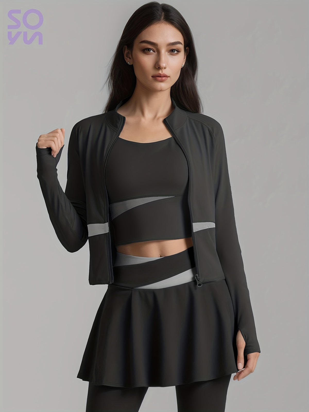 Colour Block Jacket & Skort 3 Piece Set - Black