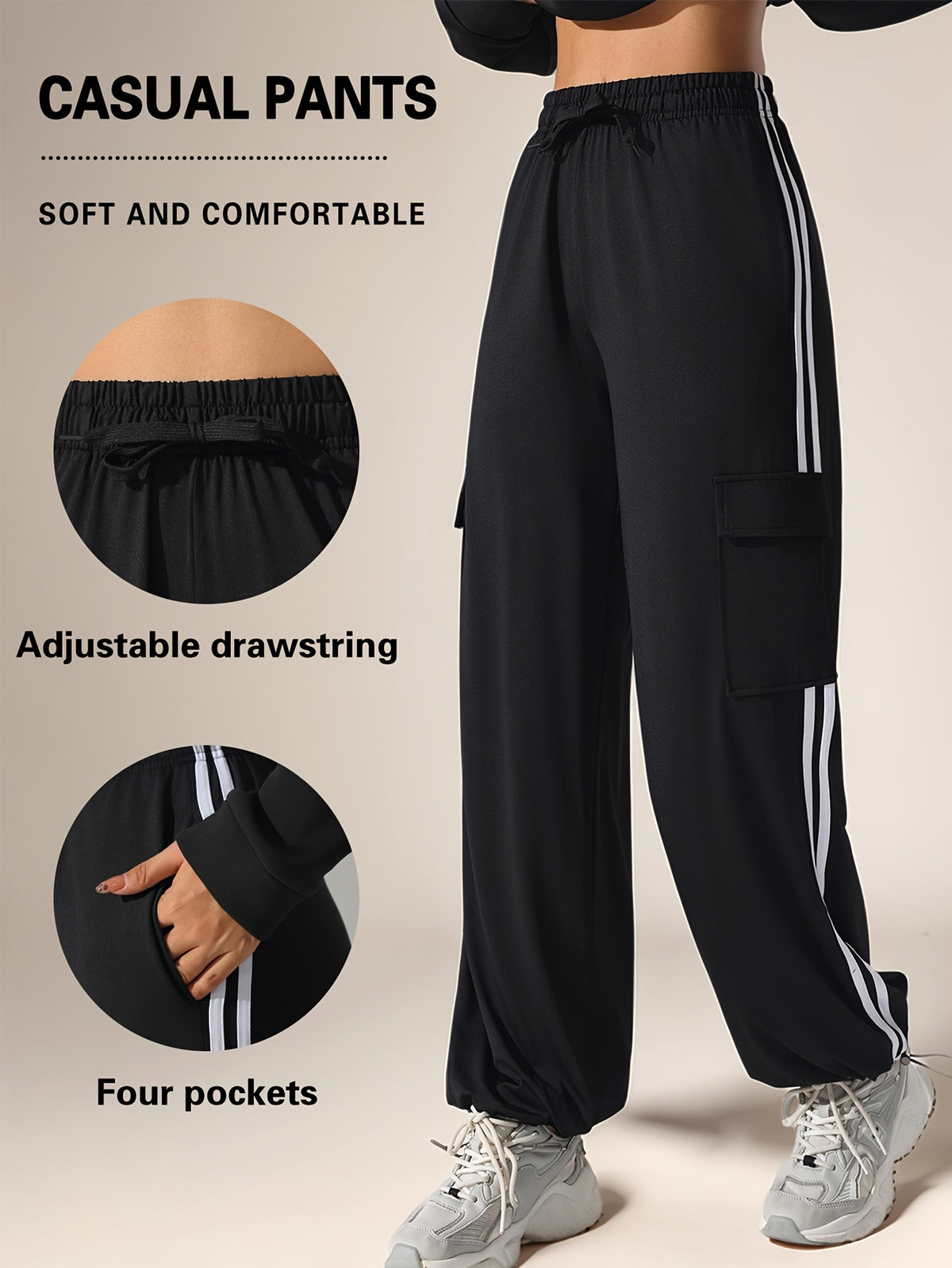 Side Stripe Drawstring Tapered Joggers - Black