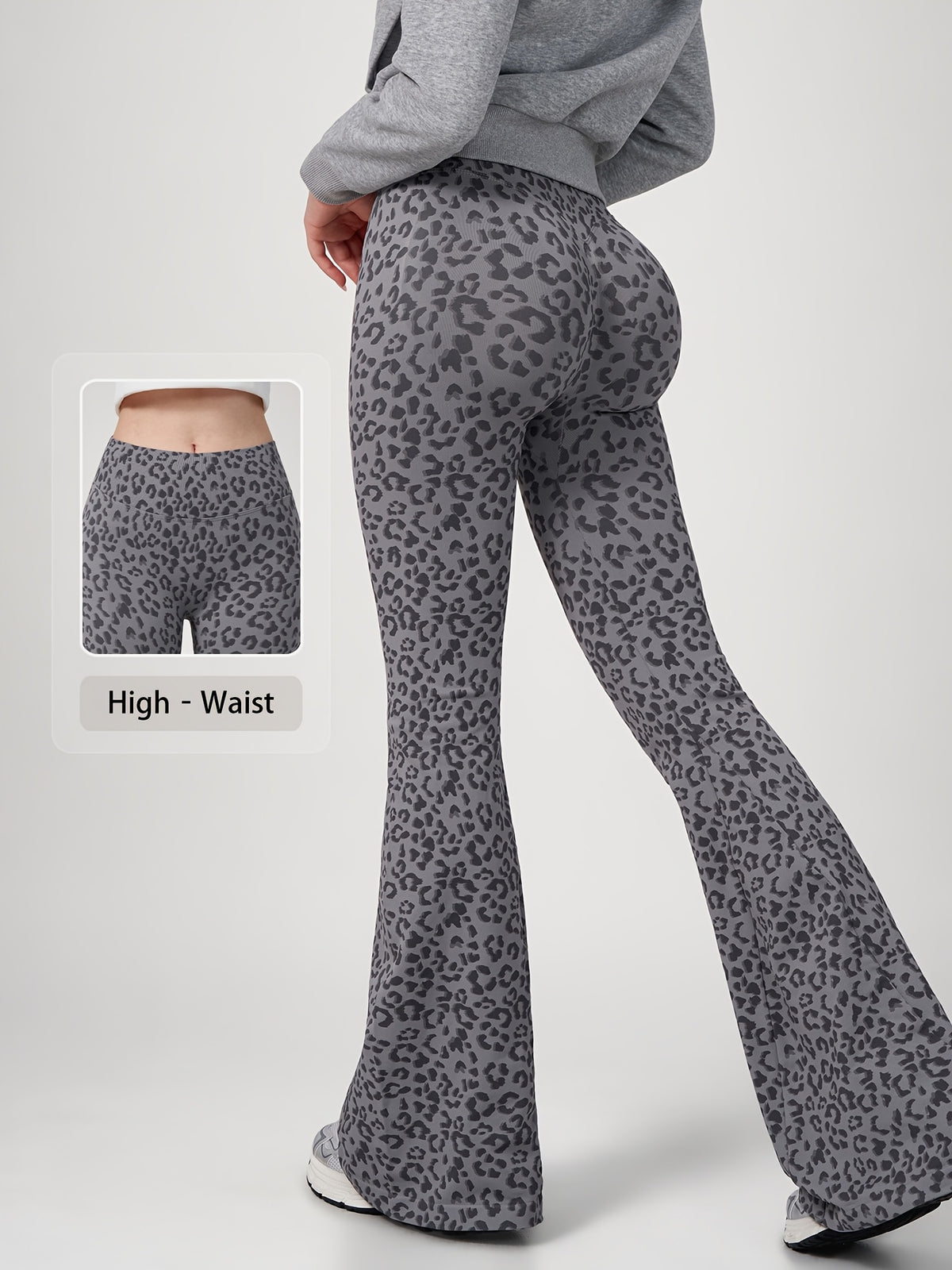 Leopard Print Flare Leggings - Grey