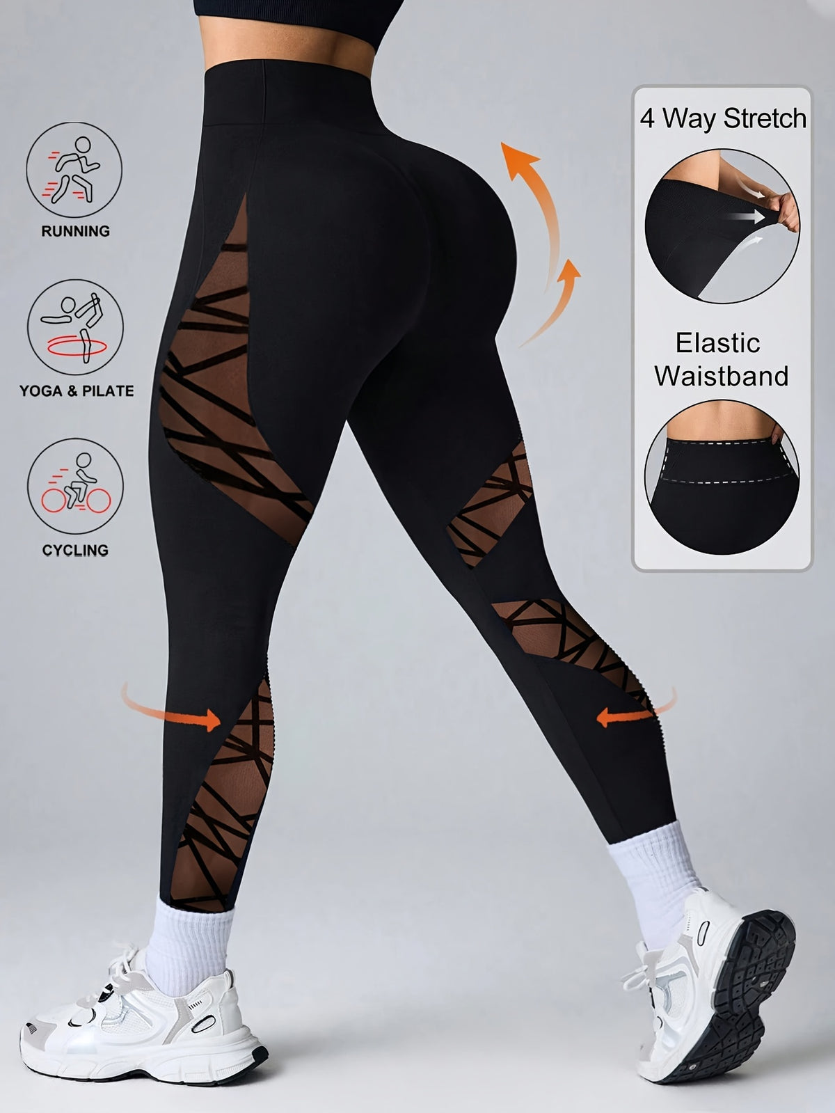 Velvet Mesh Panel High Waist Leggings - Black