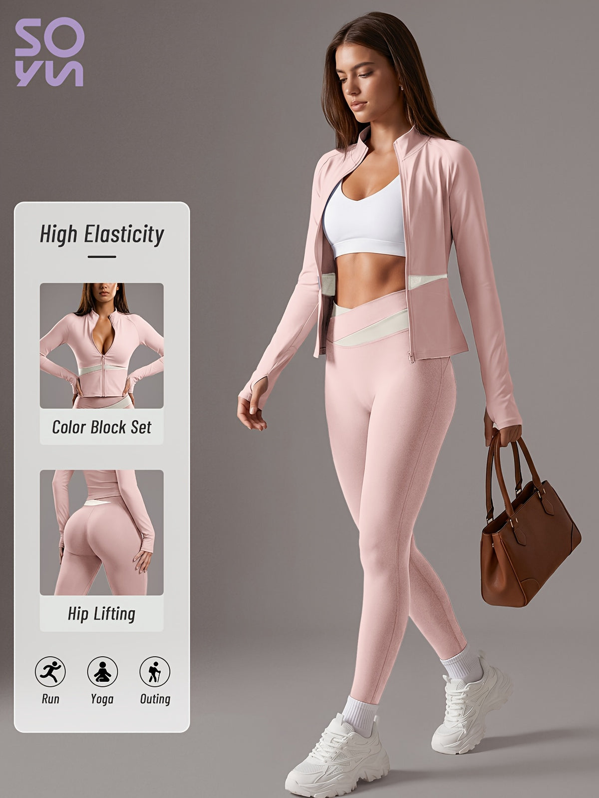 Color Block Cardigan Jacket & Slim Pants Set - Light Pink