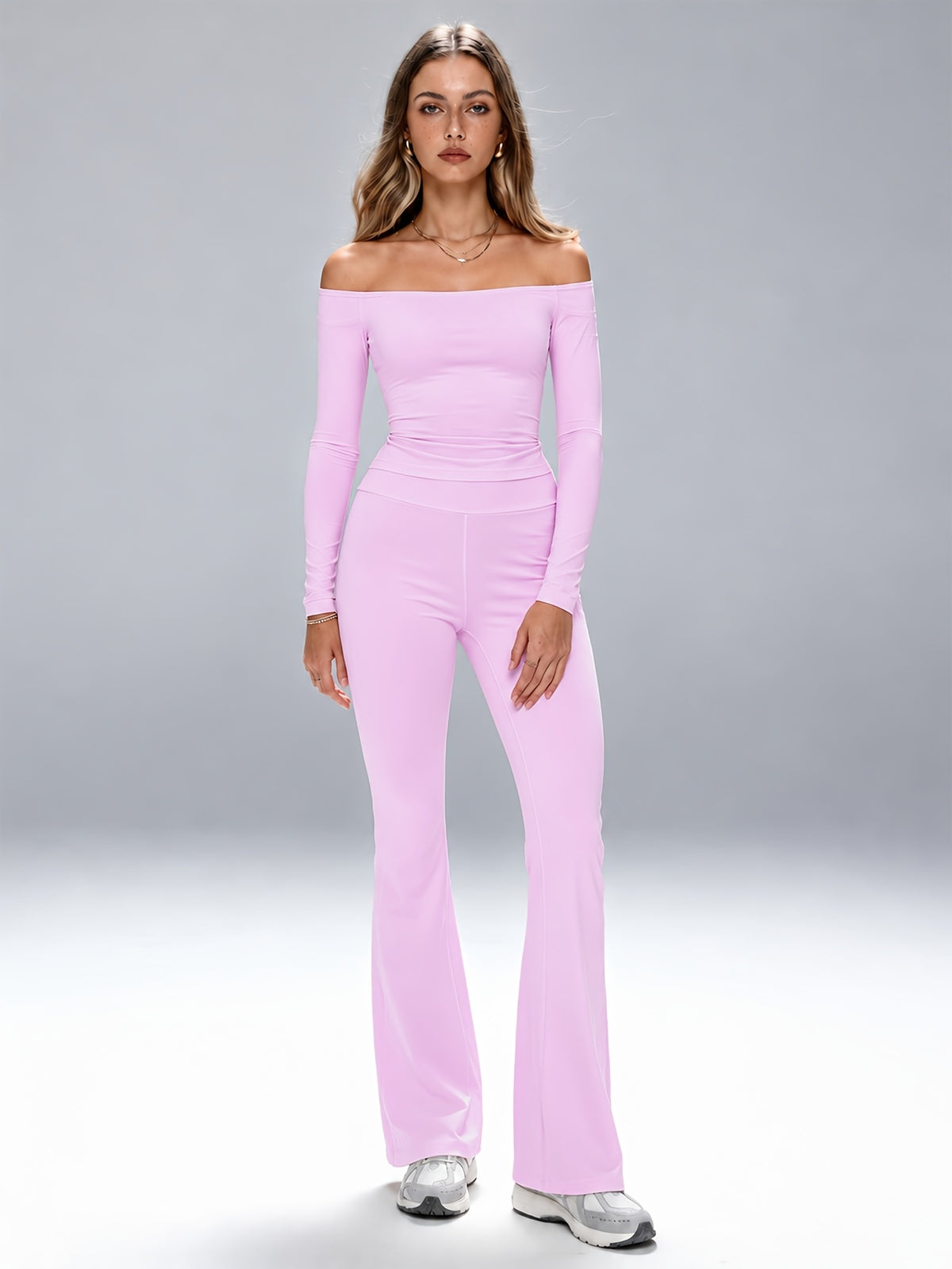 Off-Shoulder Top & Flared Joggers Set - Peach Pink
