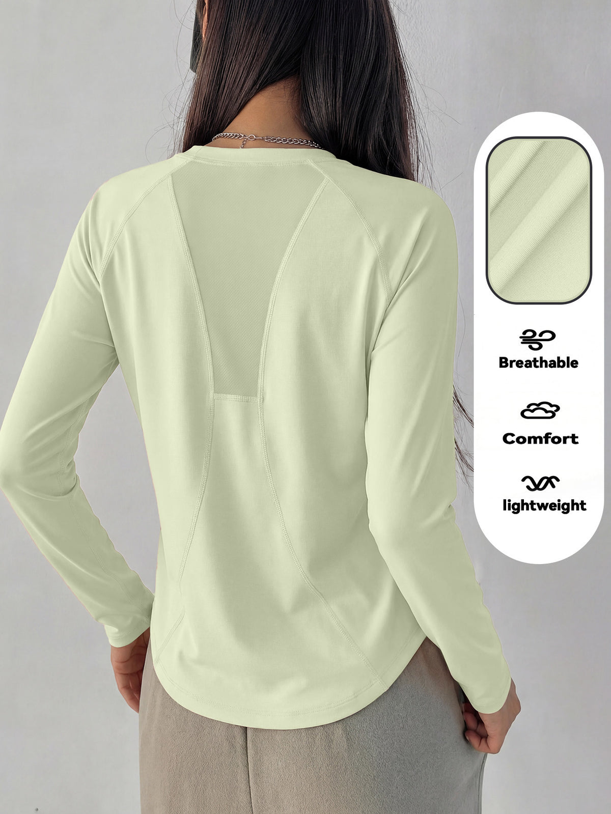 Mesh Back Panel Long Sleeve Top - Light Green