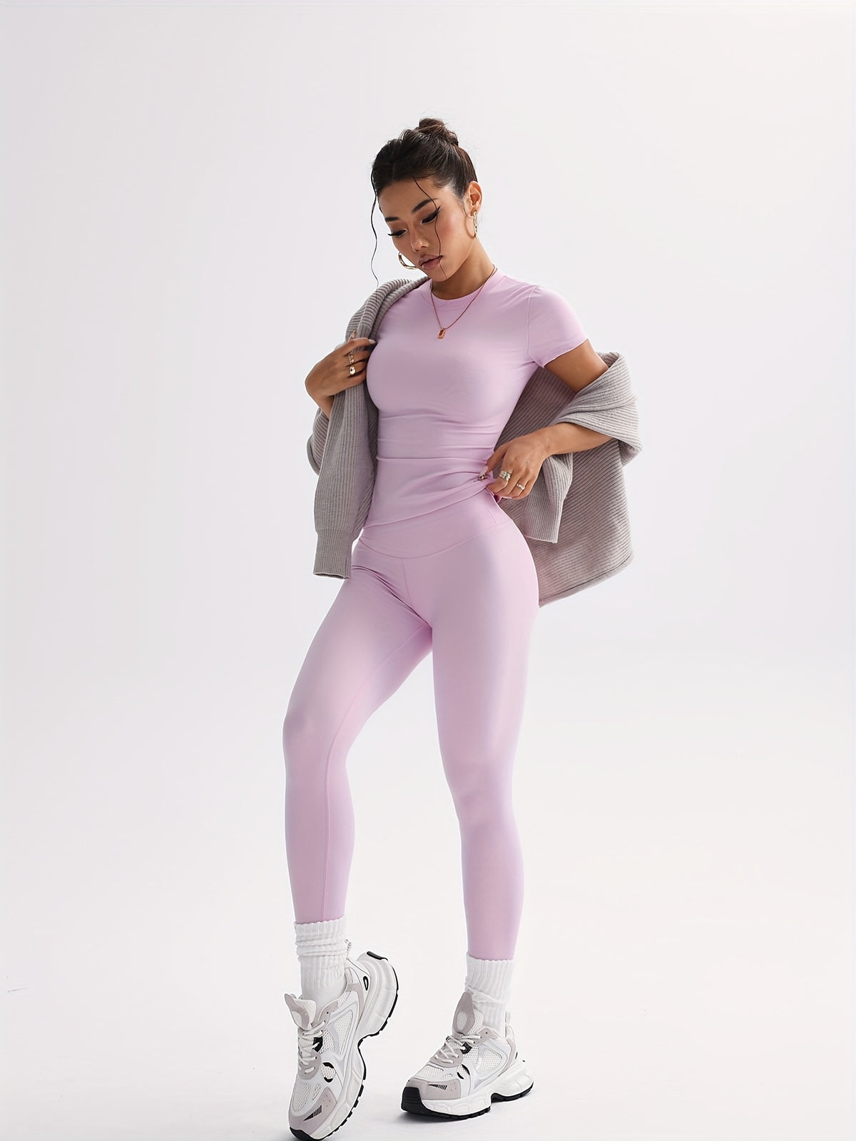Cropped Tee & Leggings Set - Pink Red