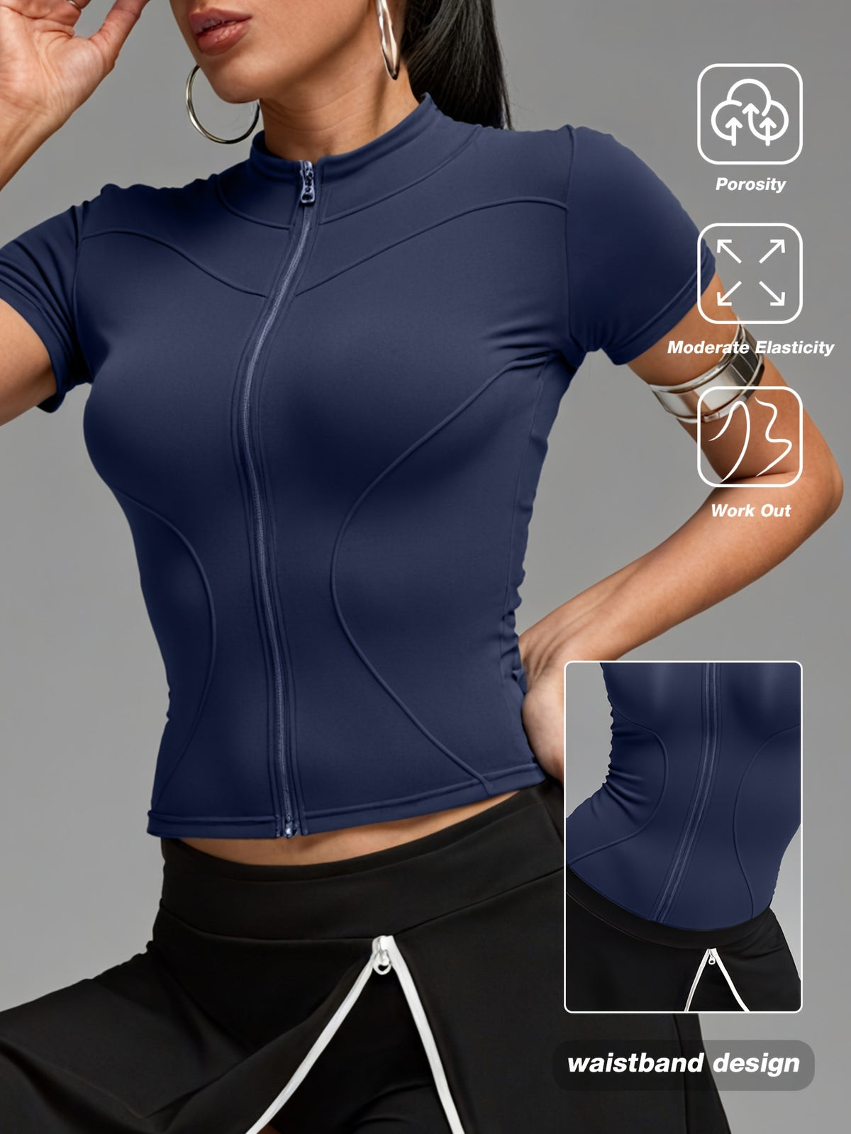Short Sleeve Cropped Zip Jacket - Navy