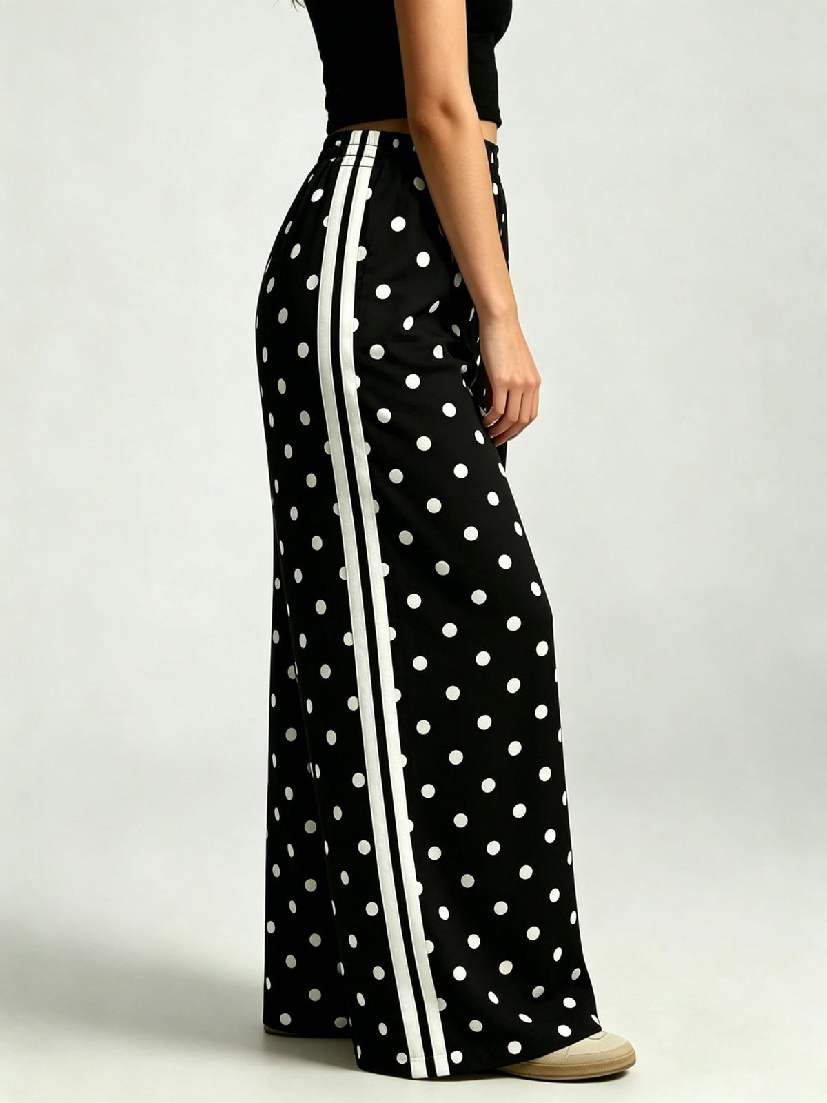 Polka Dot Side Stripe Wide Leg Joggers - Black