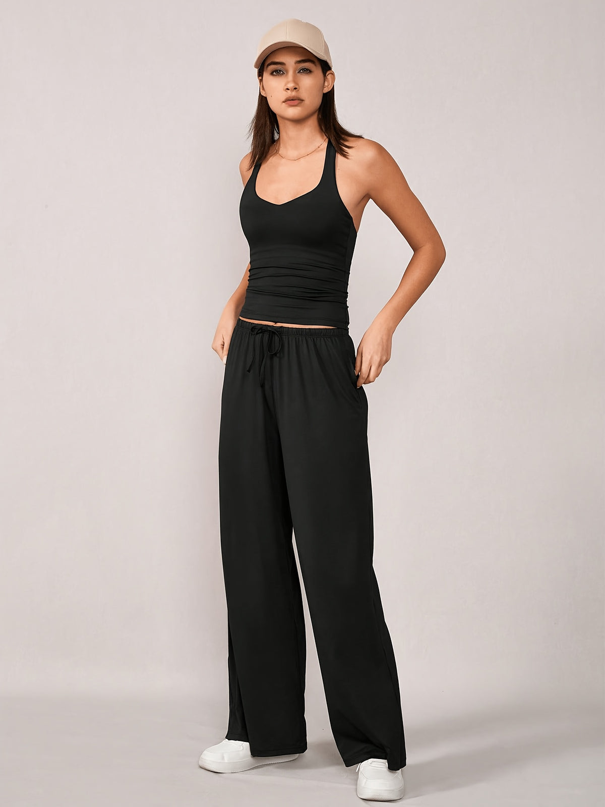 Racerback Tank & Wide Leg Pants Set - Black