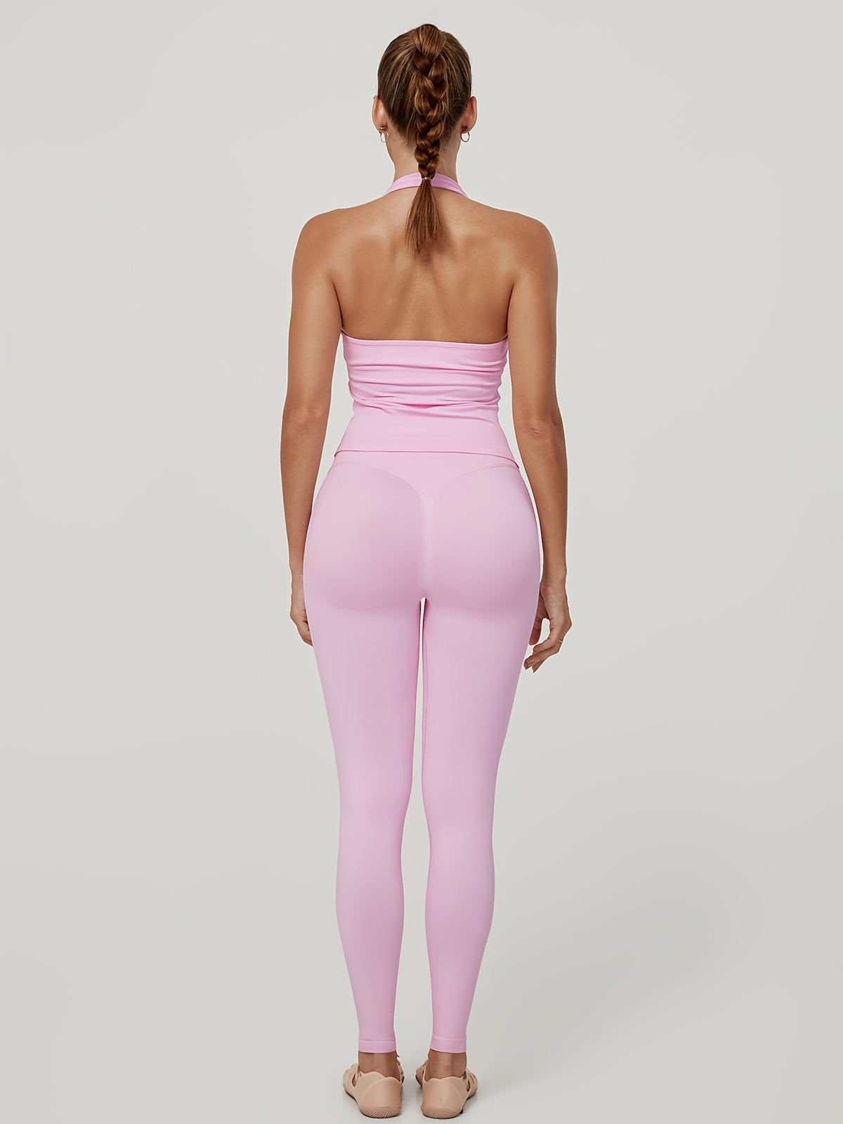 Square Neck Halter Tank & Leggings Set - Pink