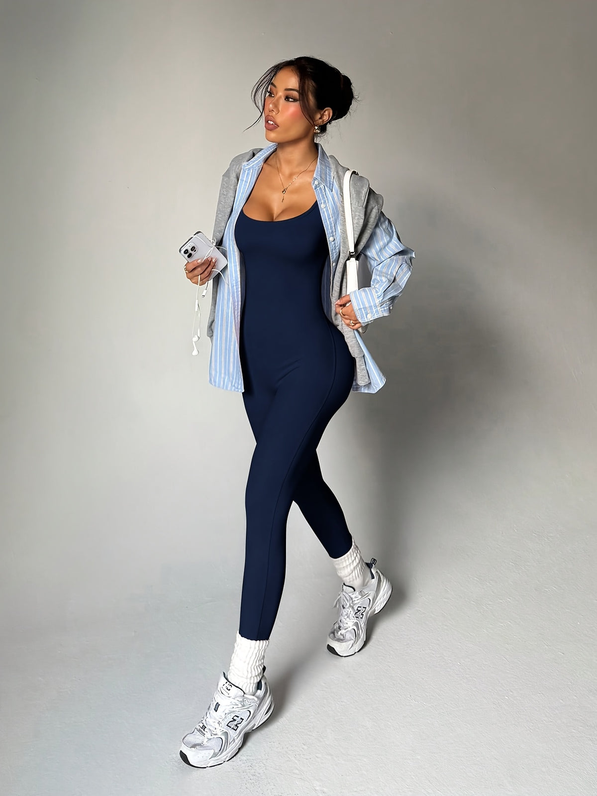 Open Back Full Length Bodysuit - Navy