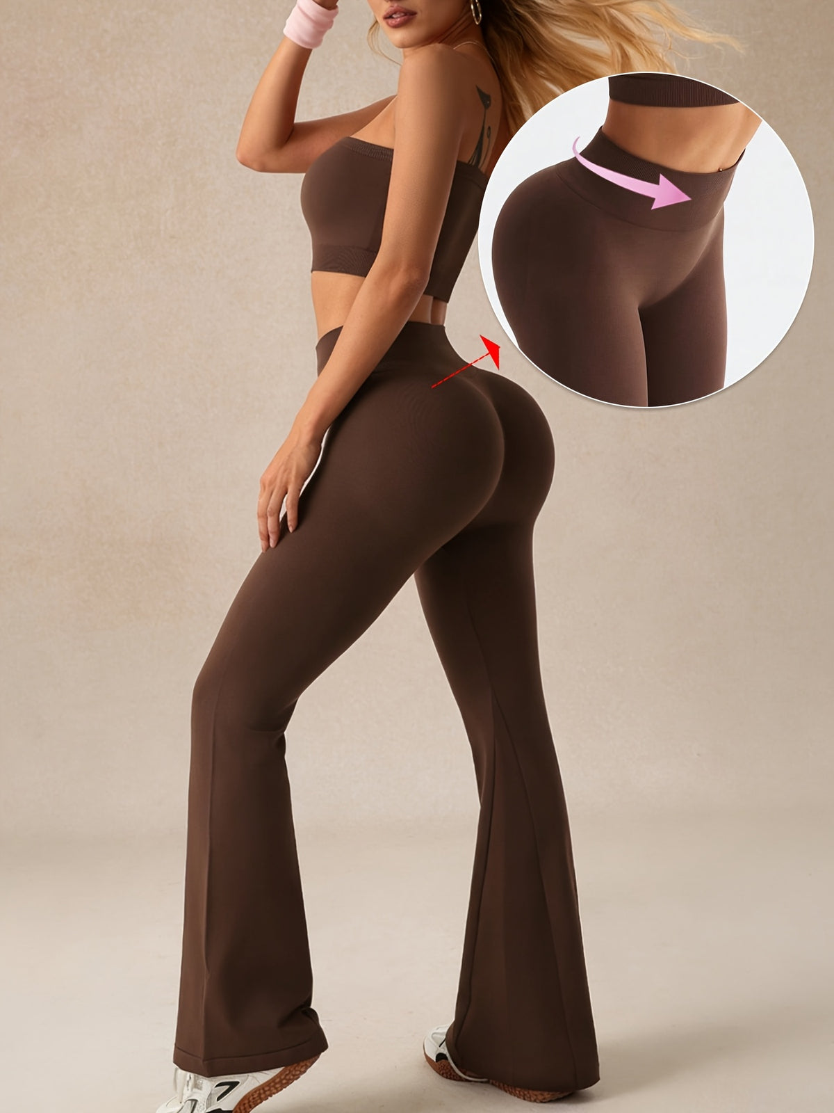 Tummy Control Tank & Flare Pants Set - Coffee Brown