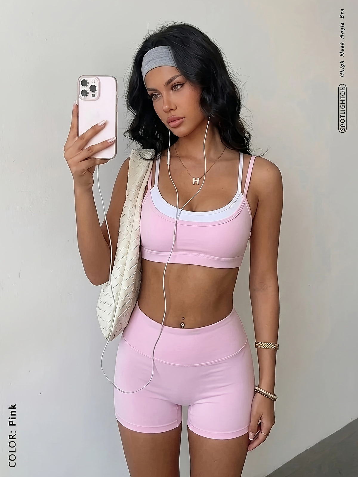 Contrast Strap Bra & Shorts Set - Pink