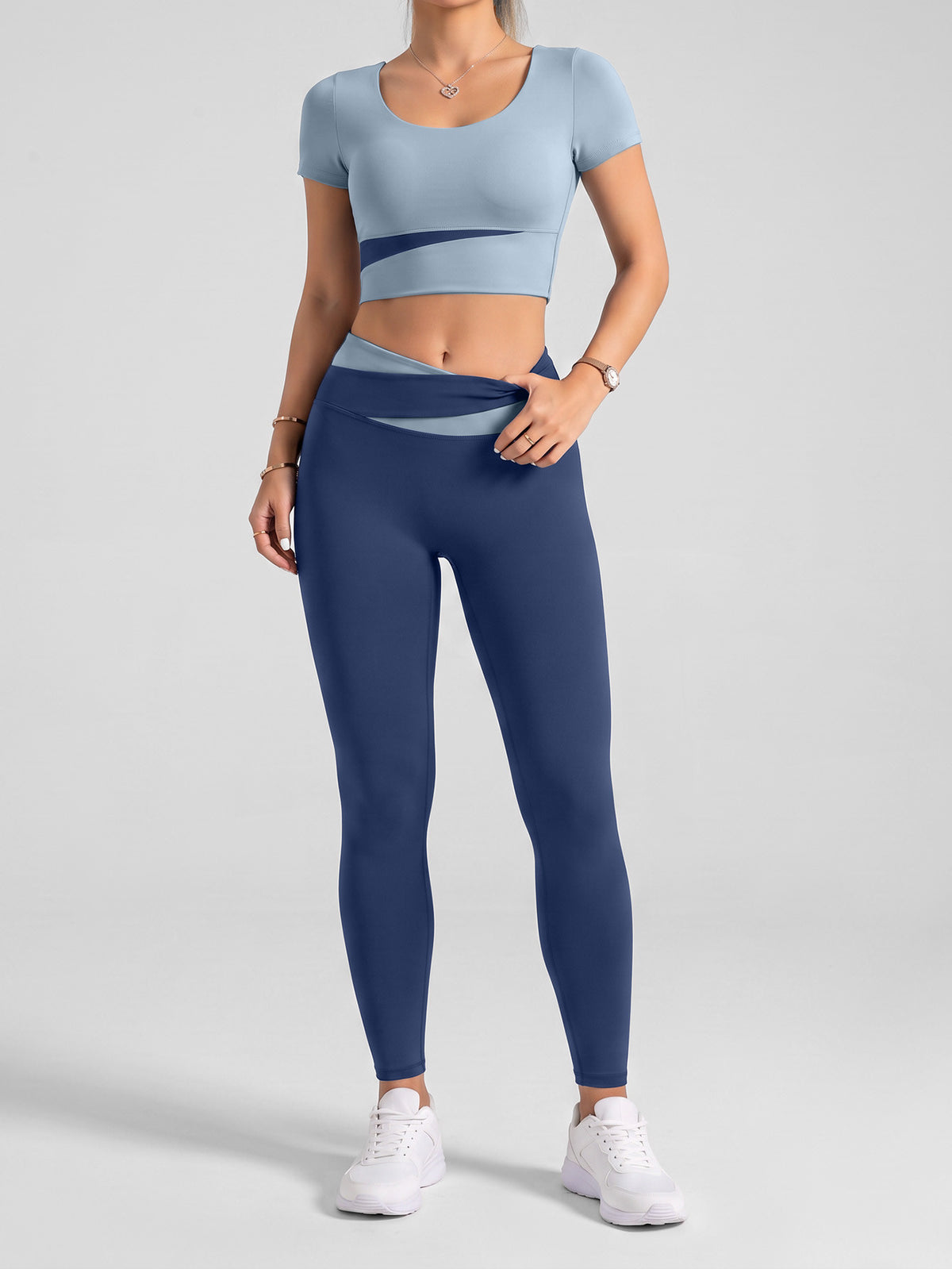 Contrast Tee & High Waist Leggings Set - Lake Blue & Navy Blue