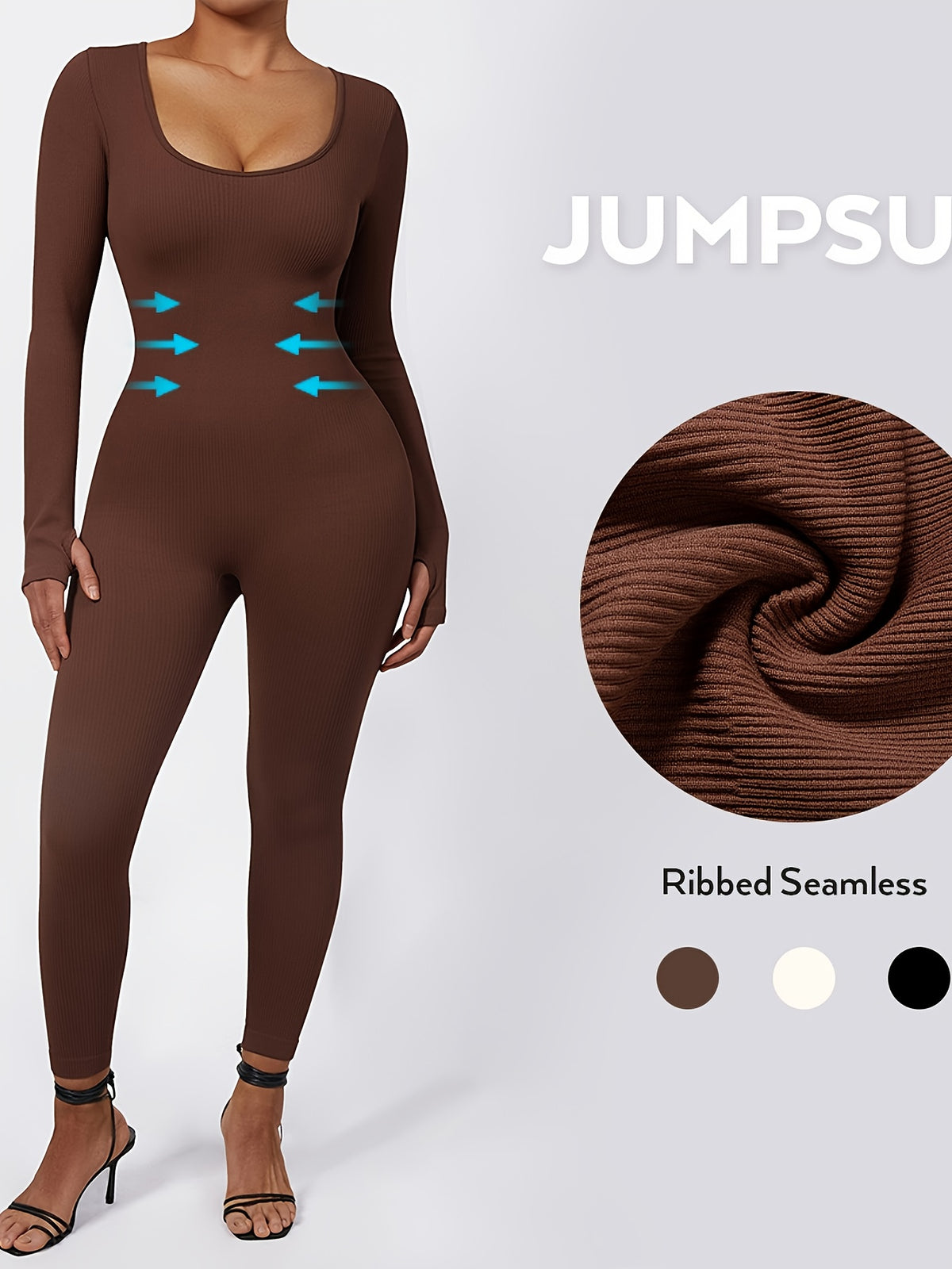 Ribbed Long Sleeve Seamless Jumpsuit - Dark Brown