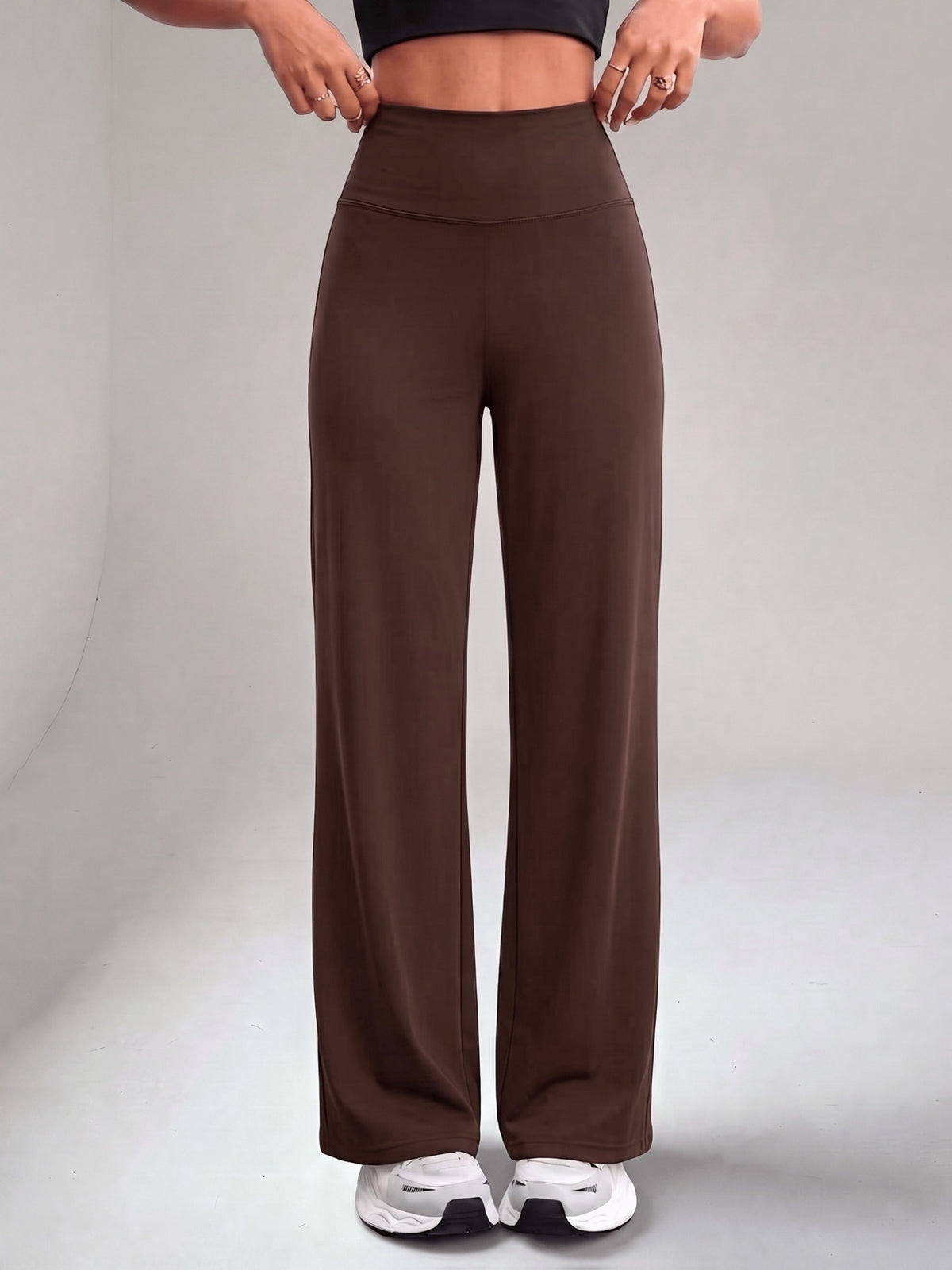 Wide Band Draped Straight Leg Pants - Coffee