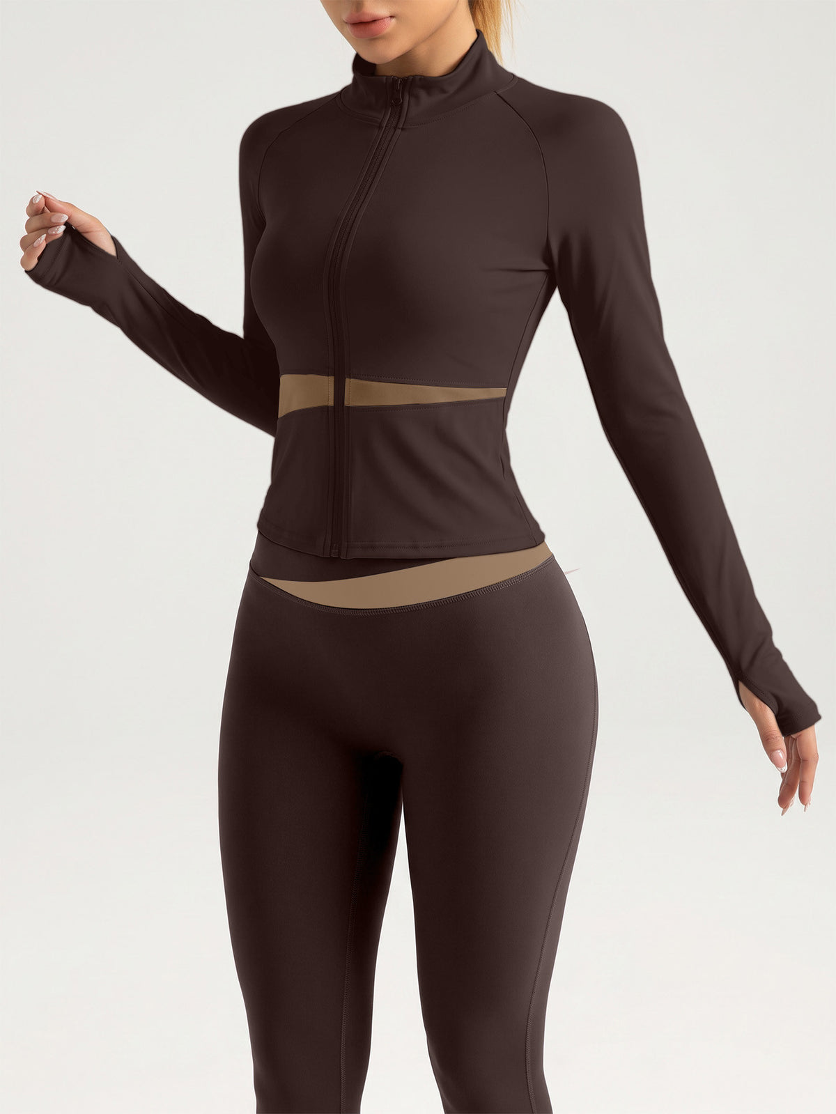 Contrast Zip Jacket & Lifting Leggings Set - Brown