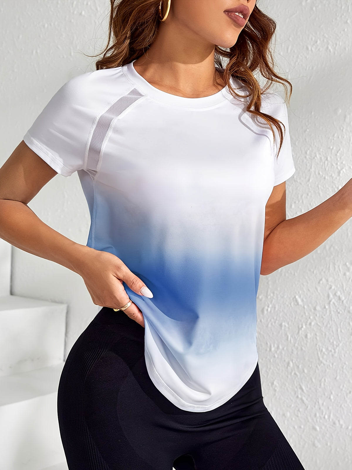 Tie-Dye Mesh Patchwork Sports Tee - Blue Ombre