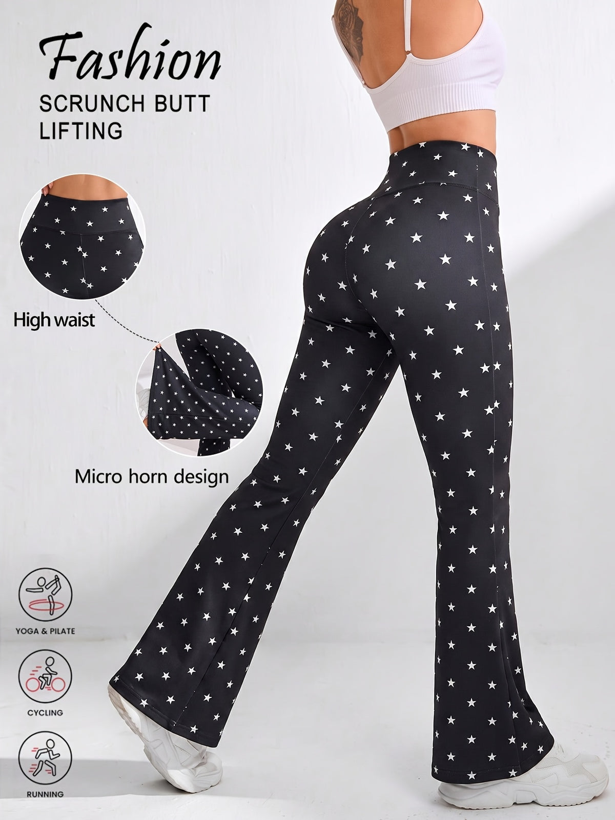 Star Print Flare Pants - Black Star