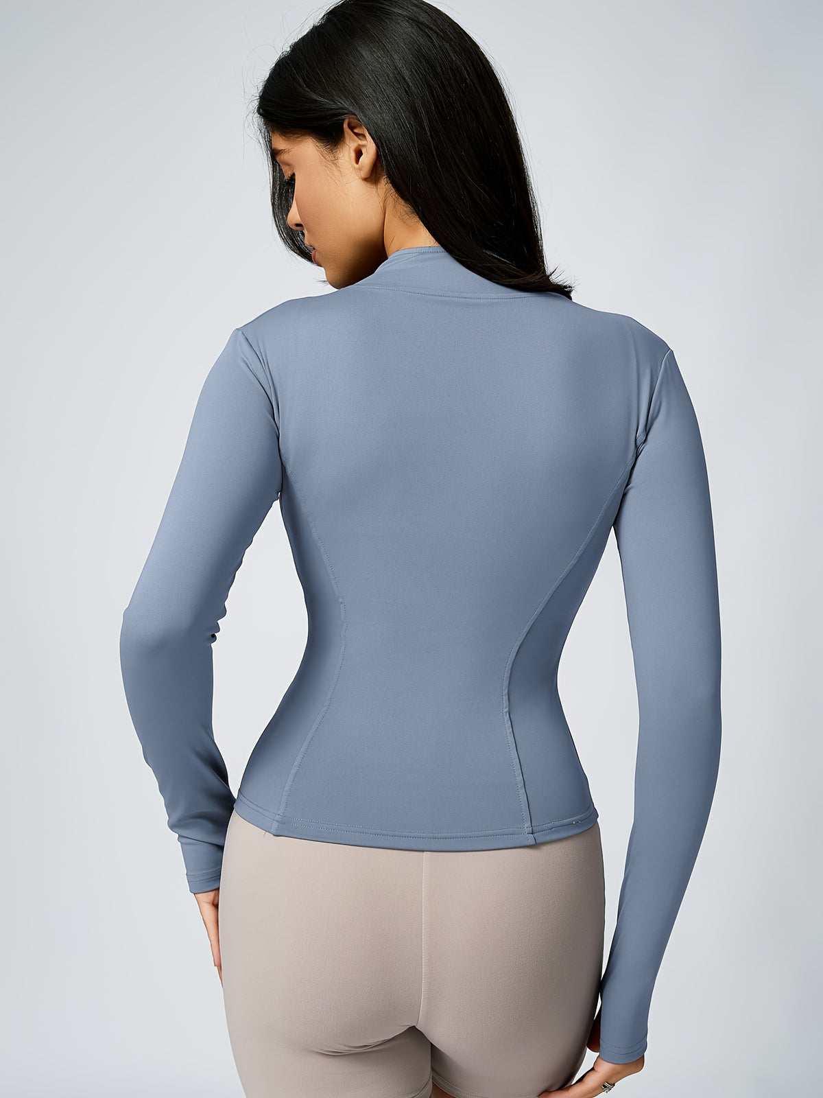 Stand Collar Thumbhole Zip Top - Sea Blue