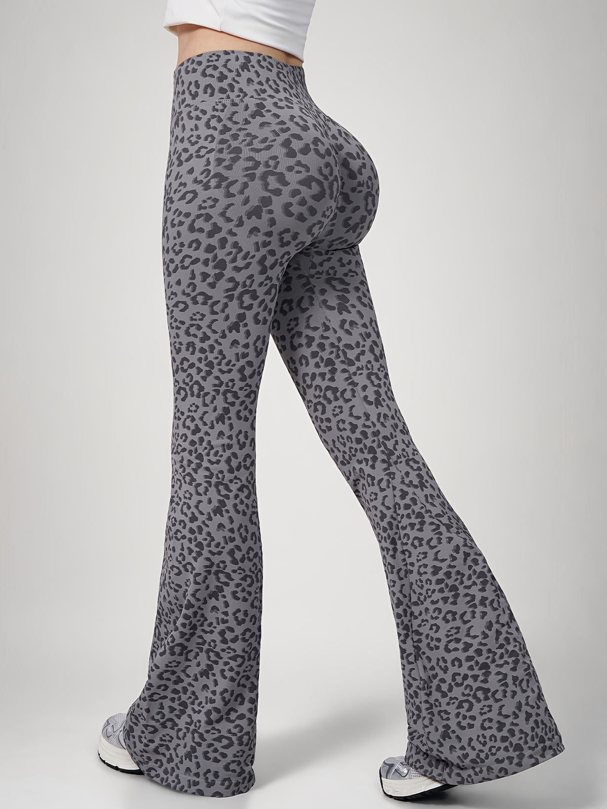 Leopard Print Flare Leggings - Grey