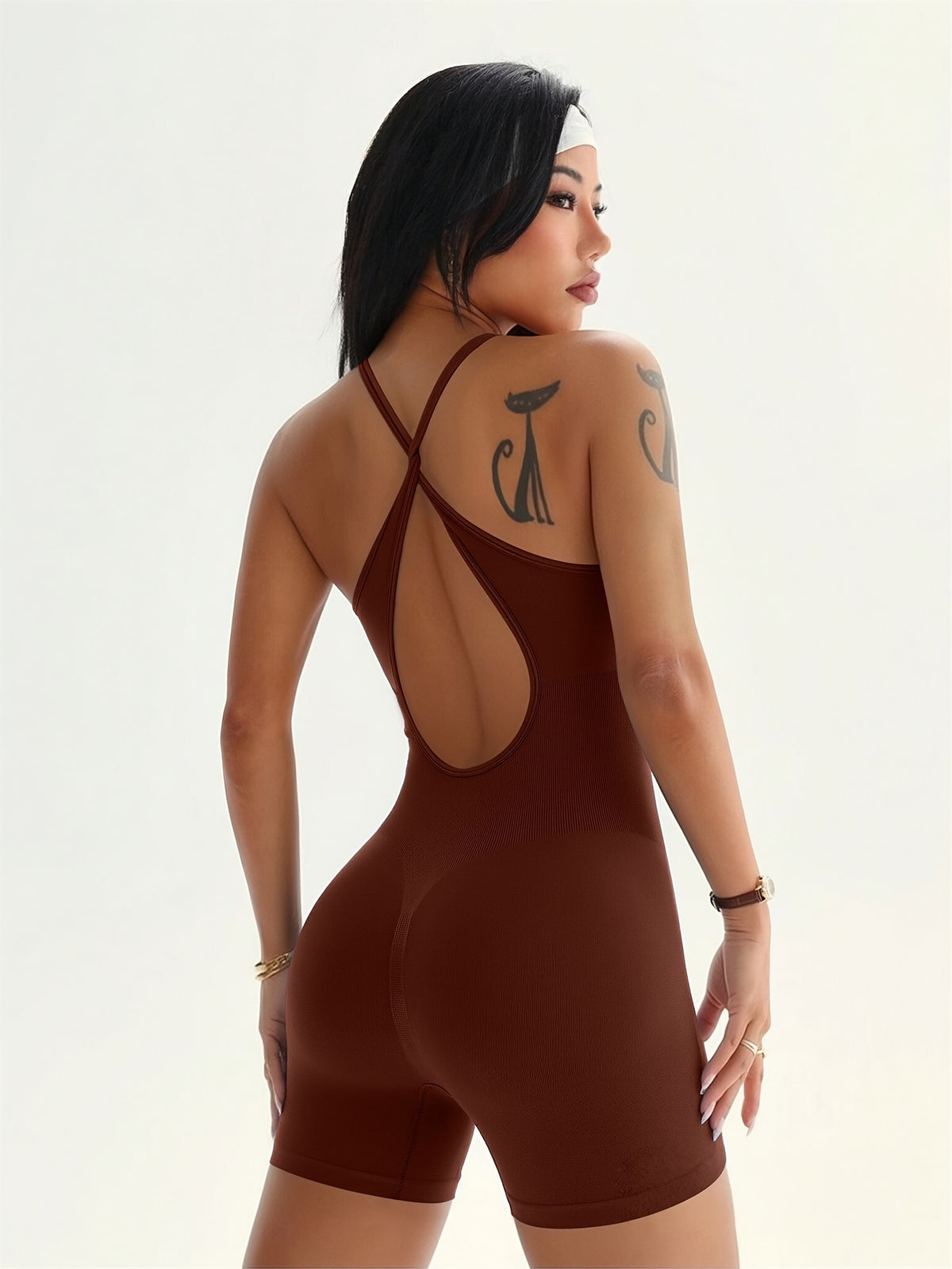 Cross Back Scoop Neck Romper - Dark Brown