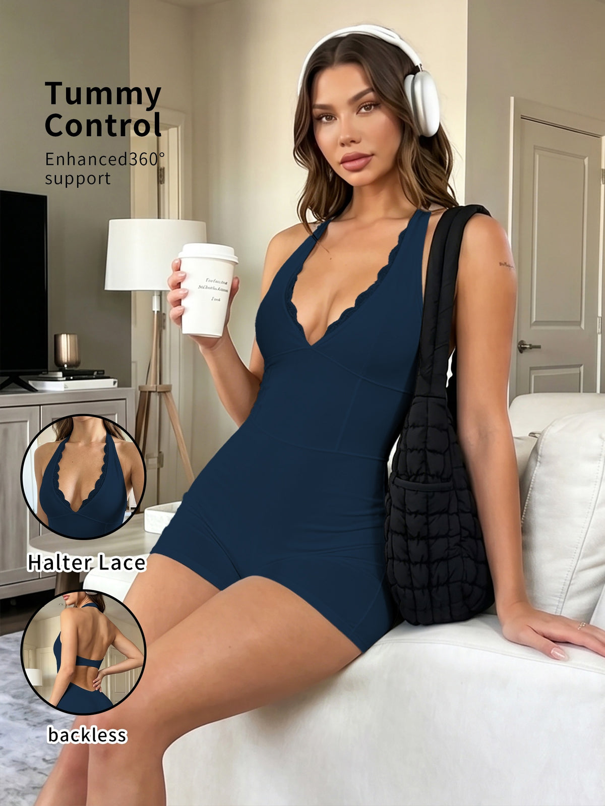 Lace Halter Deep V Romper - Badge Blue