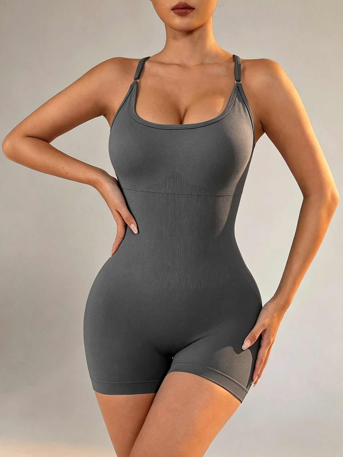 Seamless Cross Back Yoga Bodysuit - Dark Gray