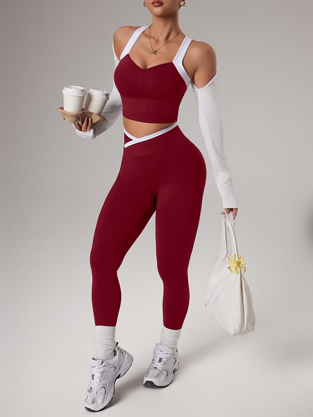 Cross Strap Bra & Leggings Set - Burgundy
